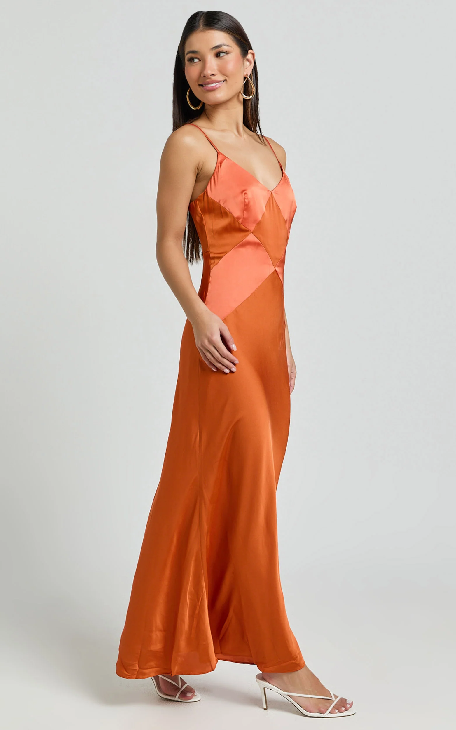 Amira Midi Dress - V Neck Sleeveless Slip Dress in Orange