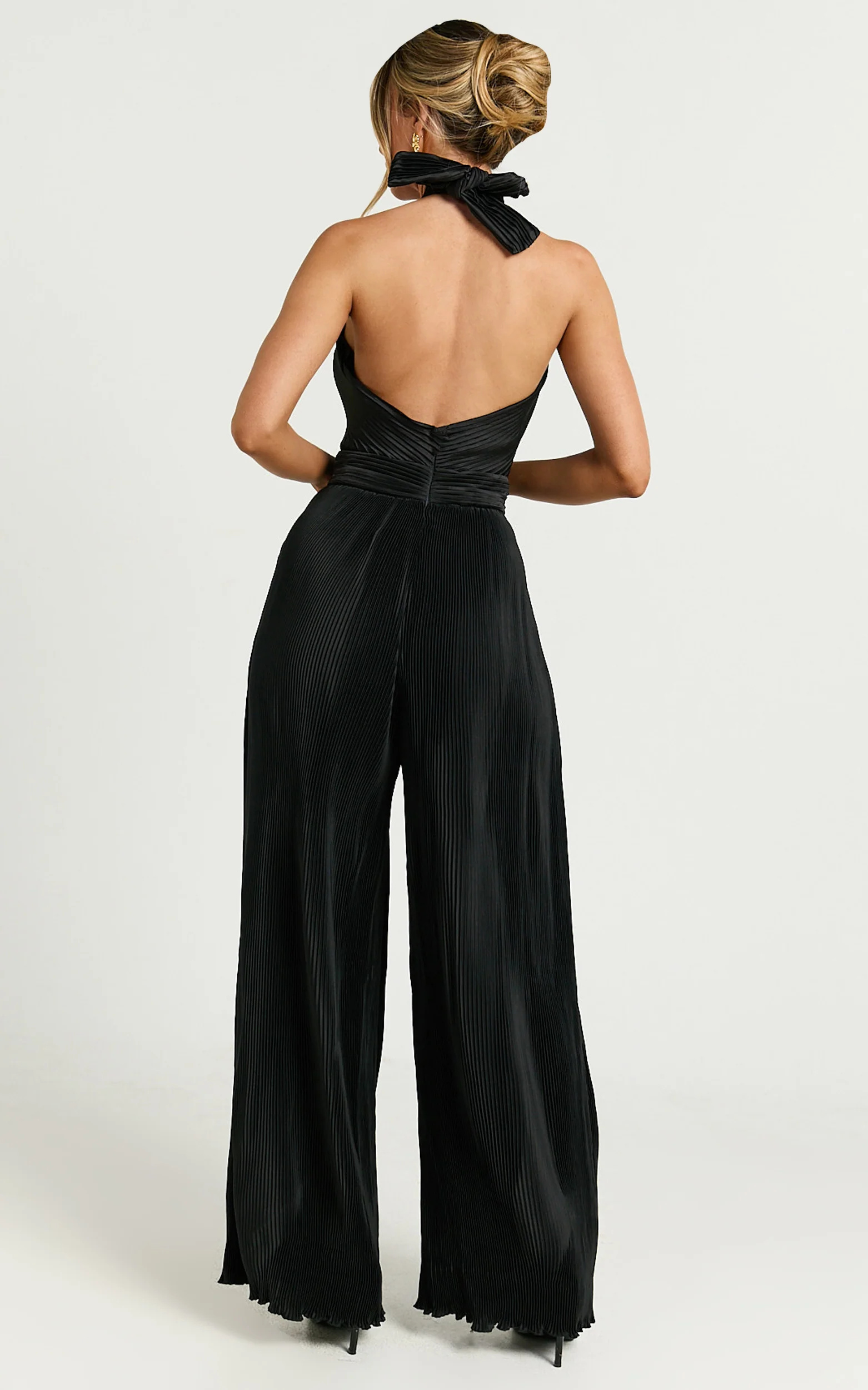 Paris Jumpsuit - Plisse Halter Neck Wide Leg Jumpsuit in Black