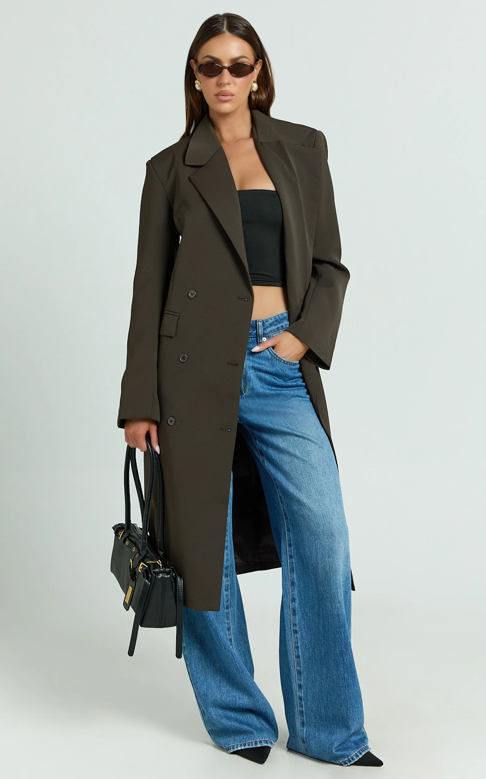 Lorena Coat - Double Breasted Longline Jacket in Dark Brown
