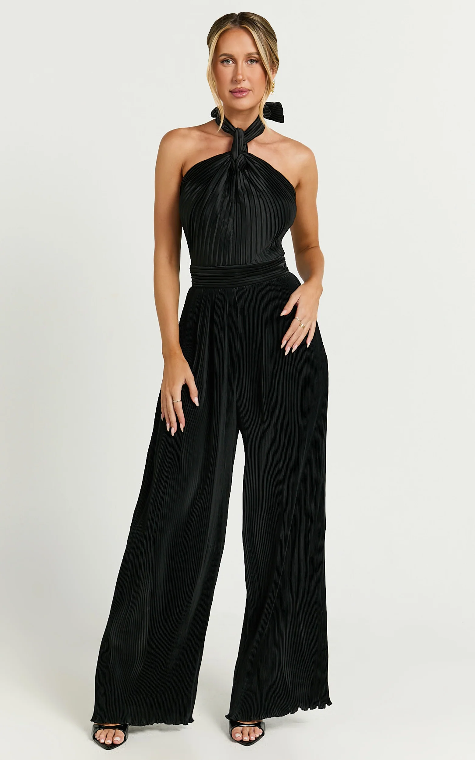Paris Jumpsuit - Plisse Halter Neck Wide Leg Jumpsuit in Black