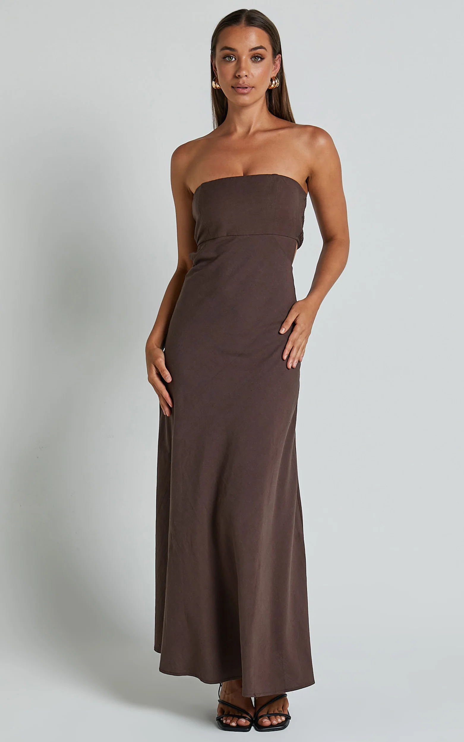 Elerie Maxi Linen Dress - Strapless Linen Dress in Chocolate
