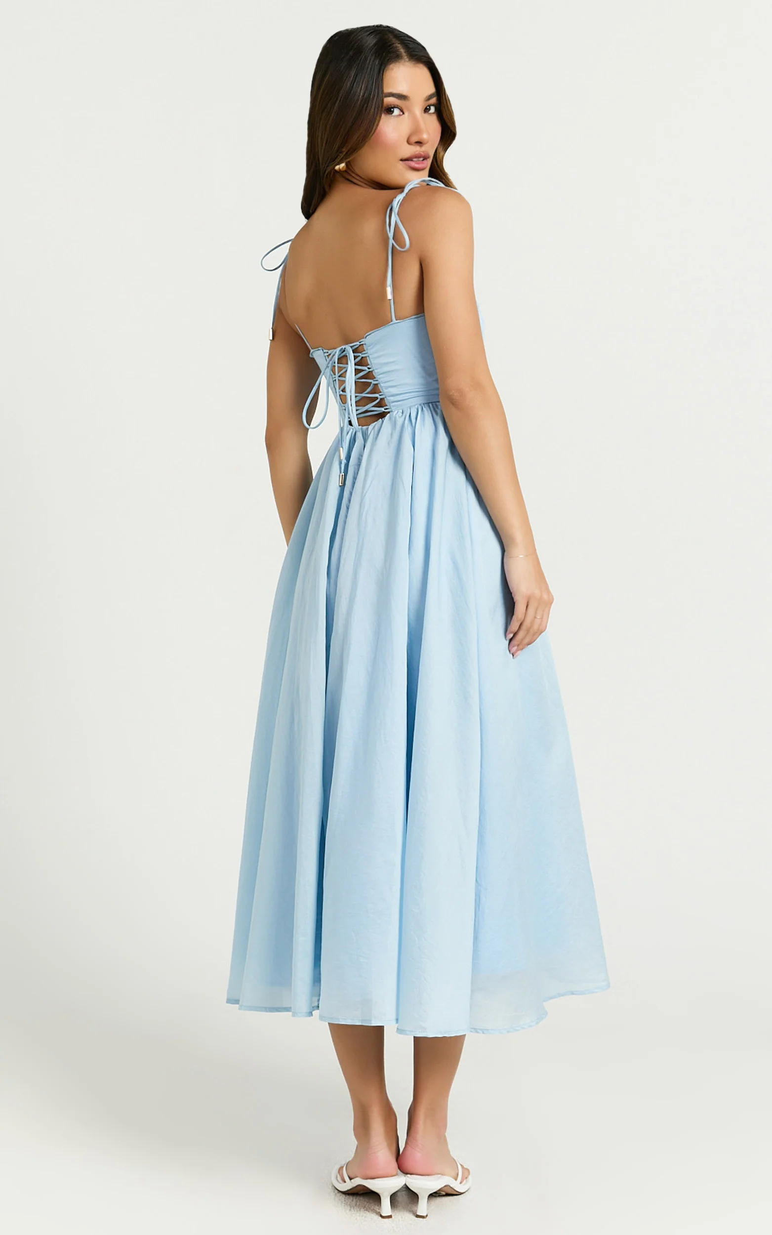 Dolores Midi Dress - Strappy Ruched Bust Corset Waist Dress in Blue