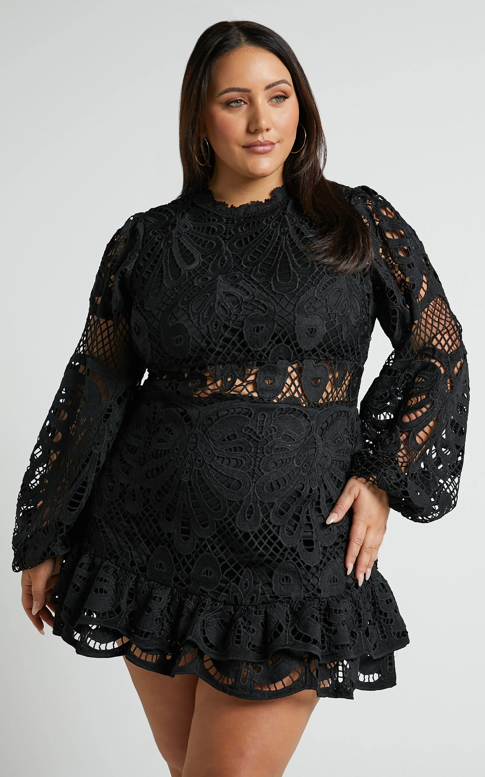 Kiss Me Now Mini Dress - Long Puff Sleeve Dress in Black Lace