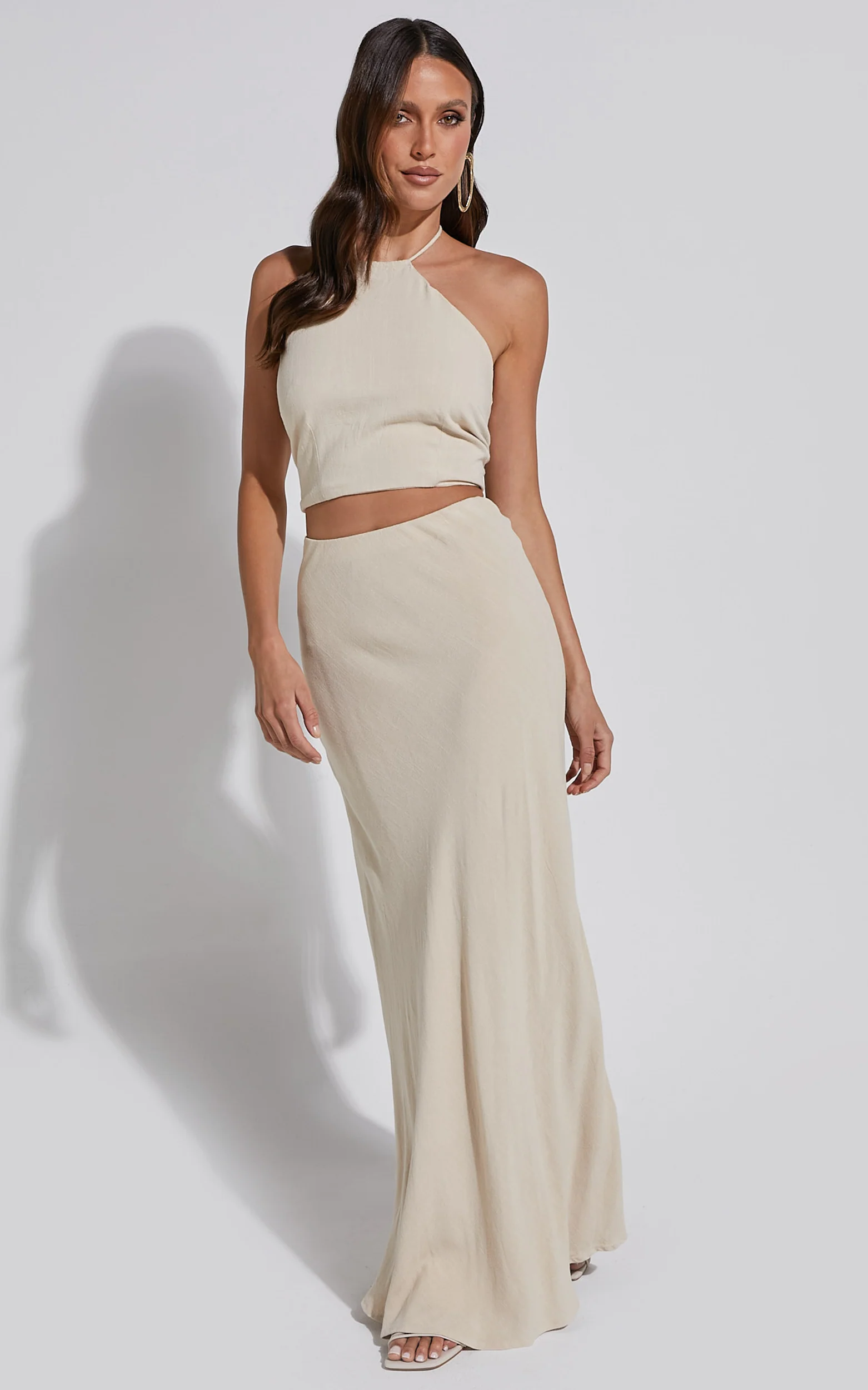 Chelsea Two Piece Set - Linen Halter Neck Top and Bias Cut Sheer Maxi Skirt in Natural