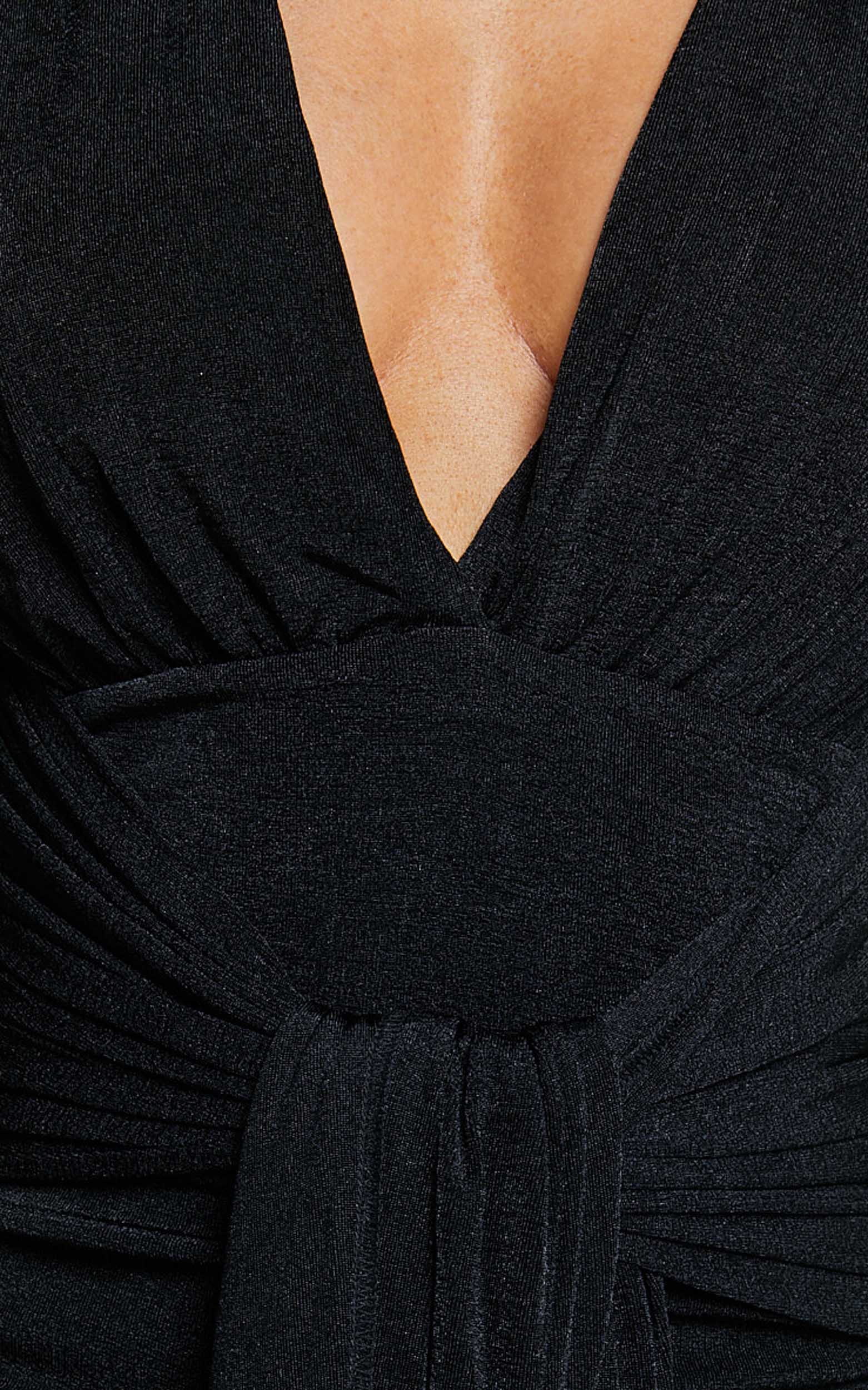 Melanie Midi Dress - Plunge Long Sleeve Tie Front Dress in Black