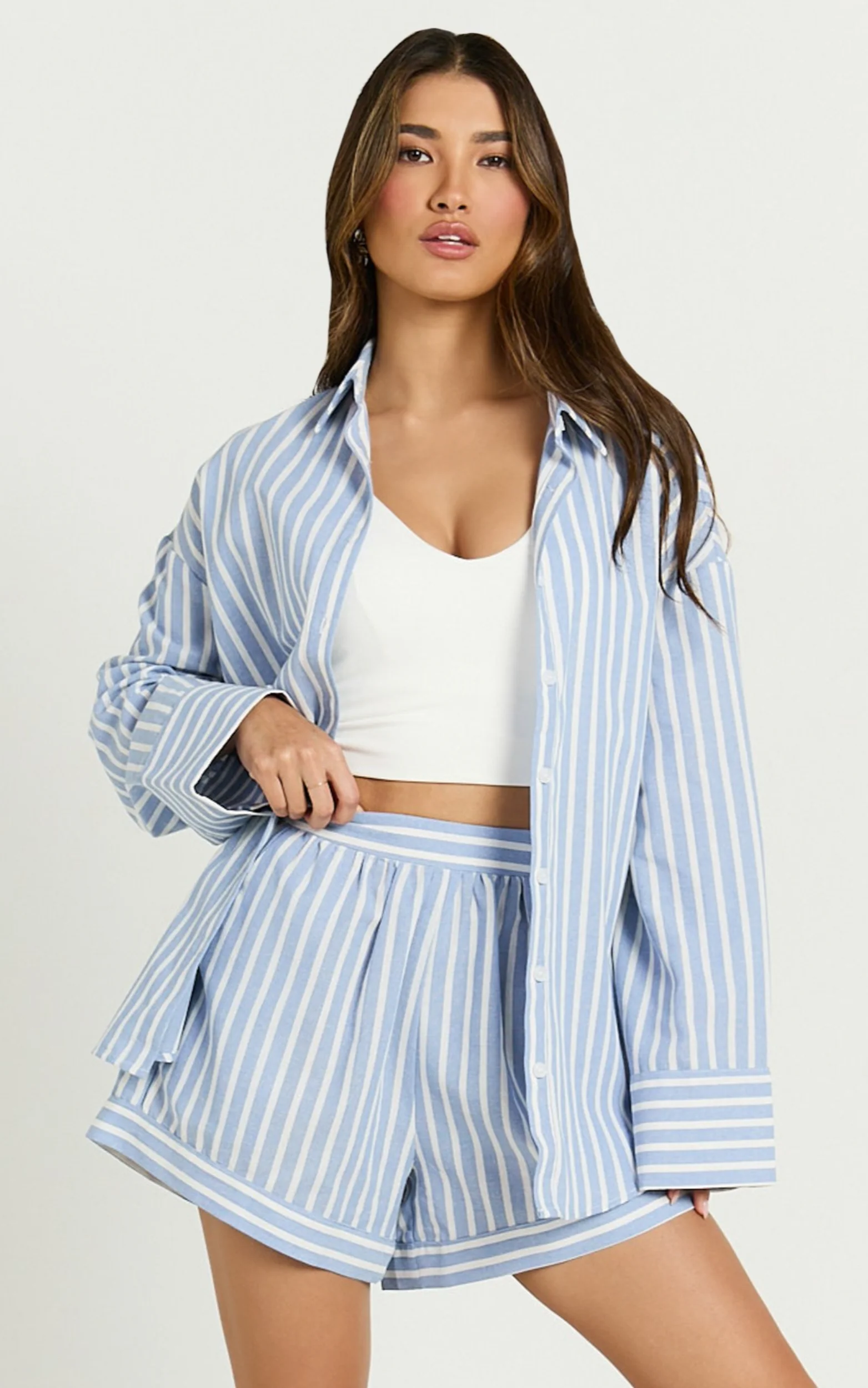 Tori Shorts - High Waist A Line Stripe Shorts in Light Blue Stripe