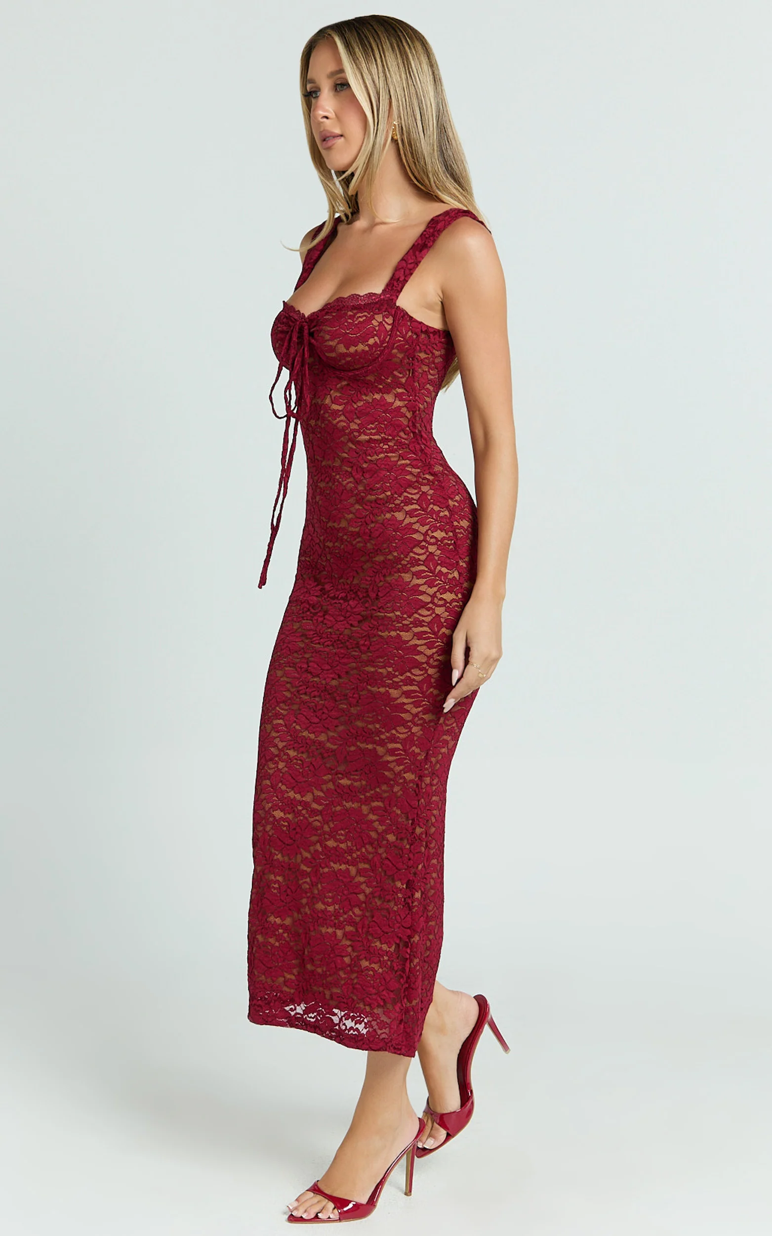 Collette Midi Dress - Ruched Bust Wide Strap Detail Lace Midi Dress in Wine