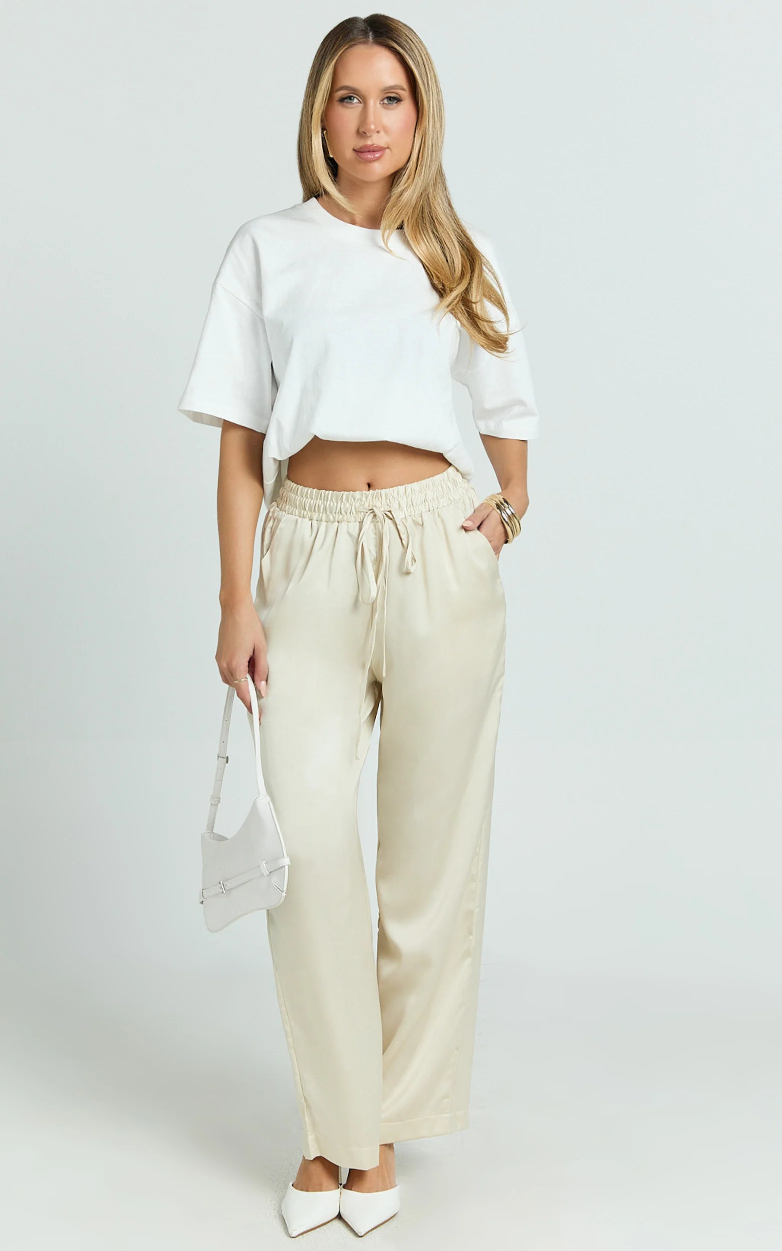 Jinky Pants - Satin Drawstring Pants in Off White