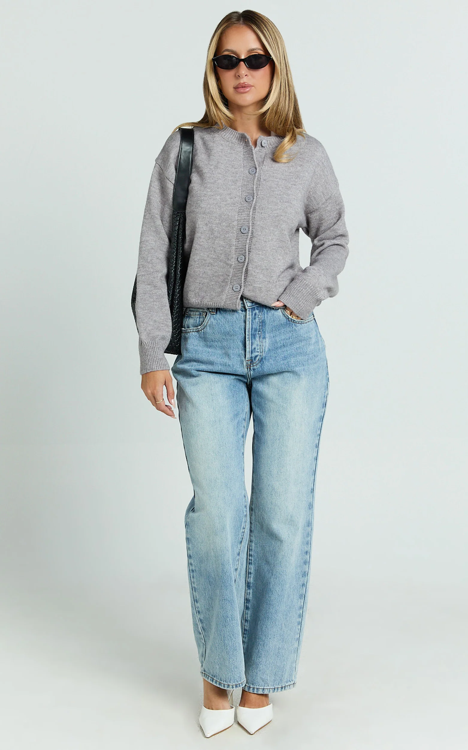 Lucille Cardigan - Button Through Scoop Neck Knit Cardigan in Grey