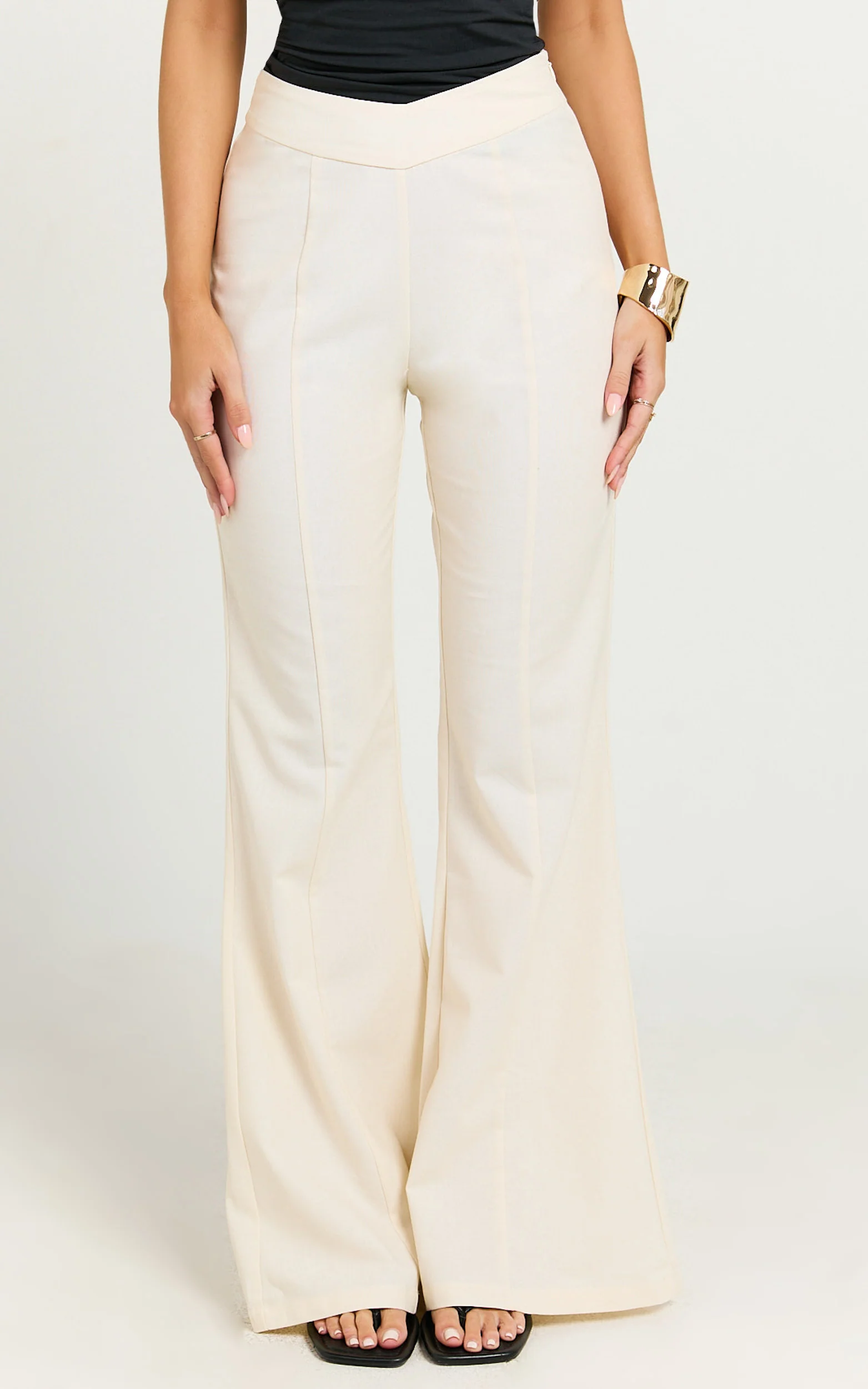 Jamir Pants - Linen Look High Waisted Fit and Flare Pants in Cream