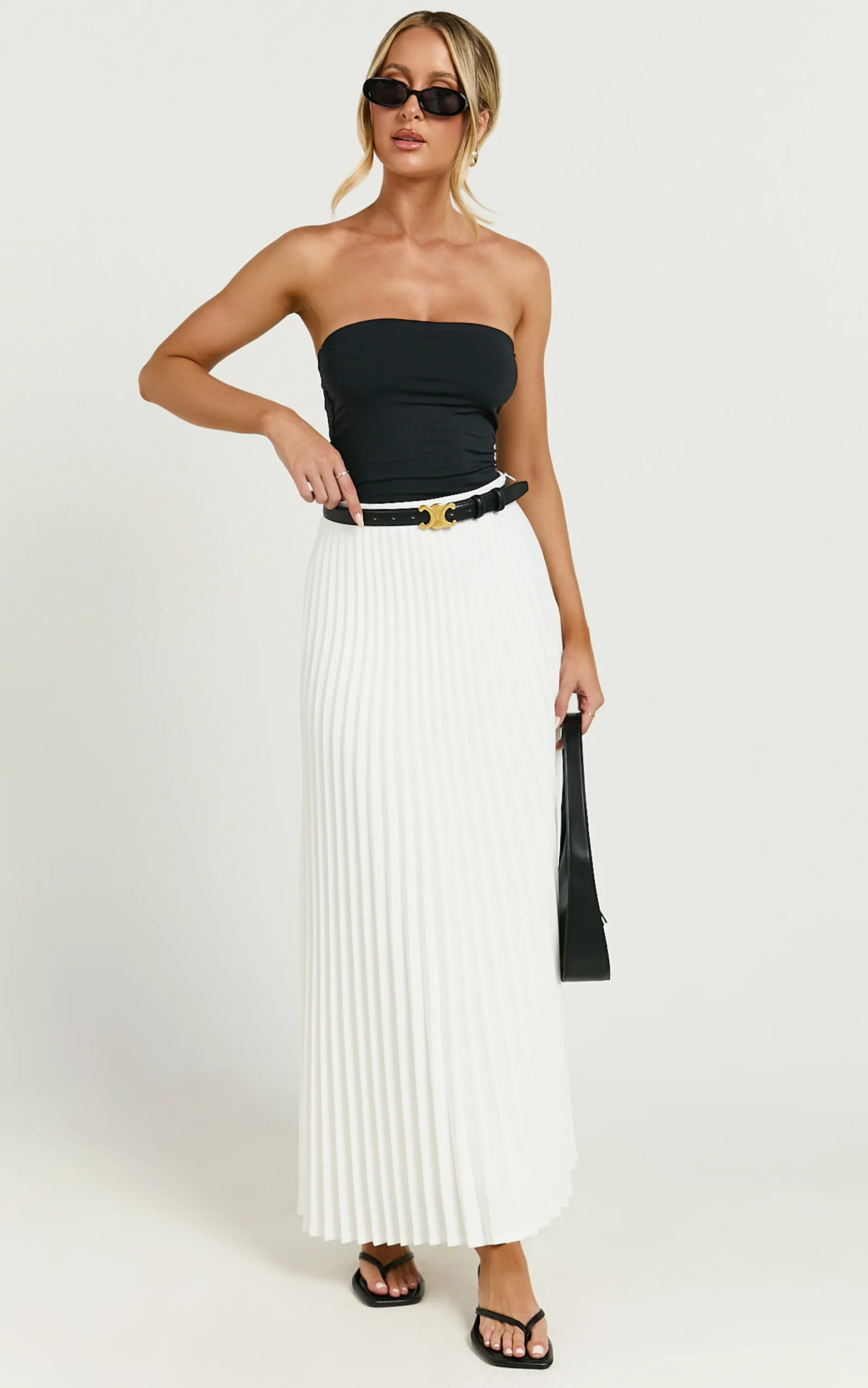 Harlee Midi Skirt - Pleated High Waist A Line Skirt in White