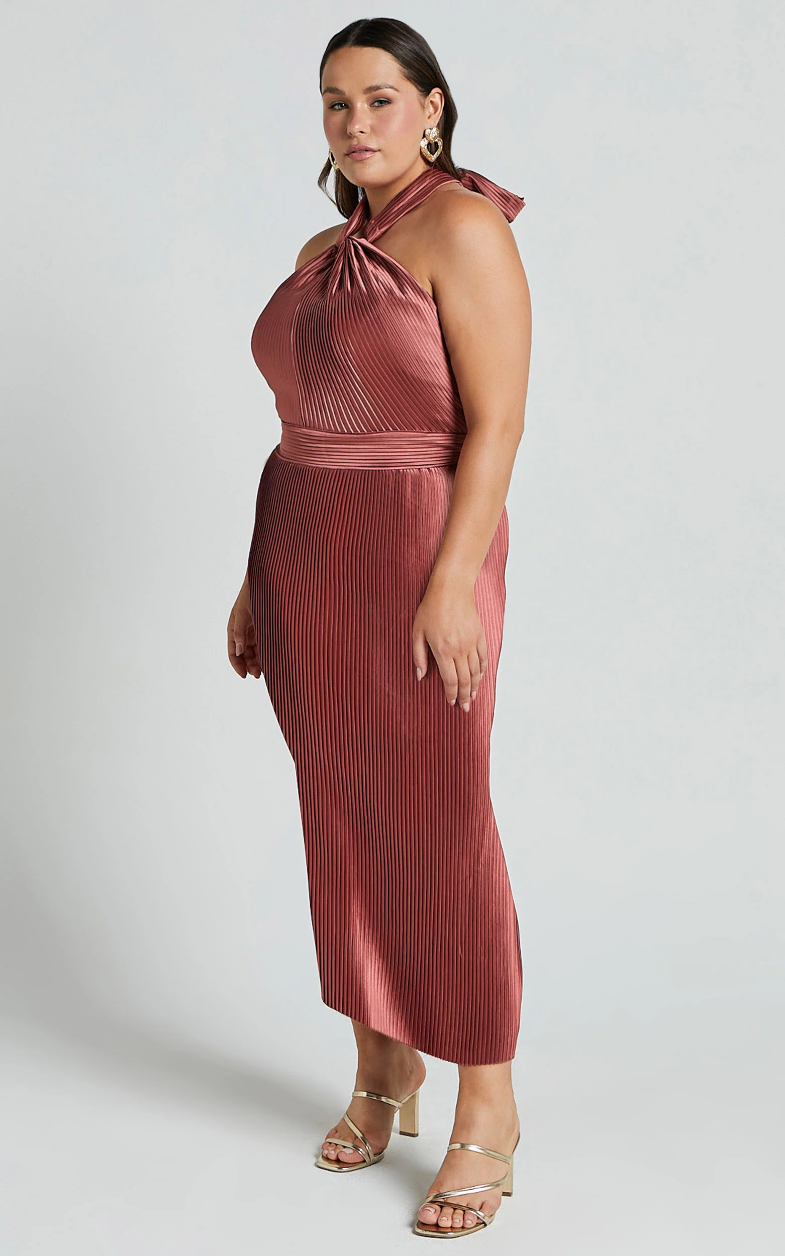 Marlette Midi Dress - Pleated Open Back Halter Dress in Rust