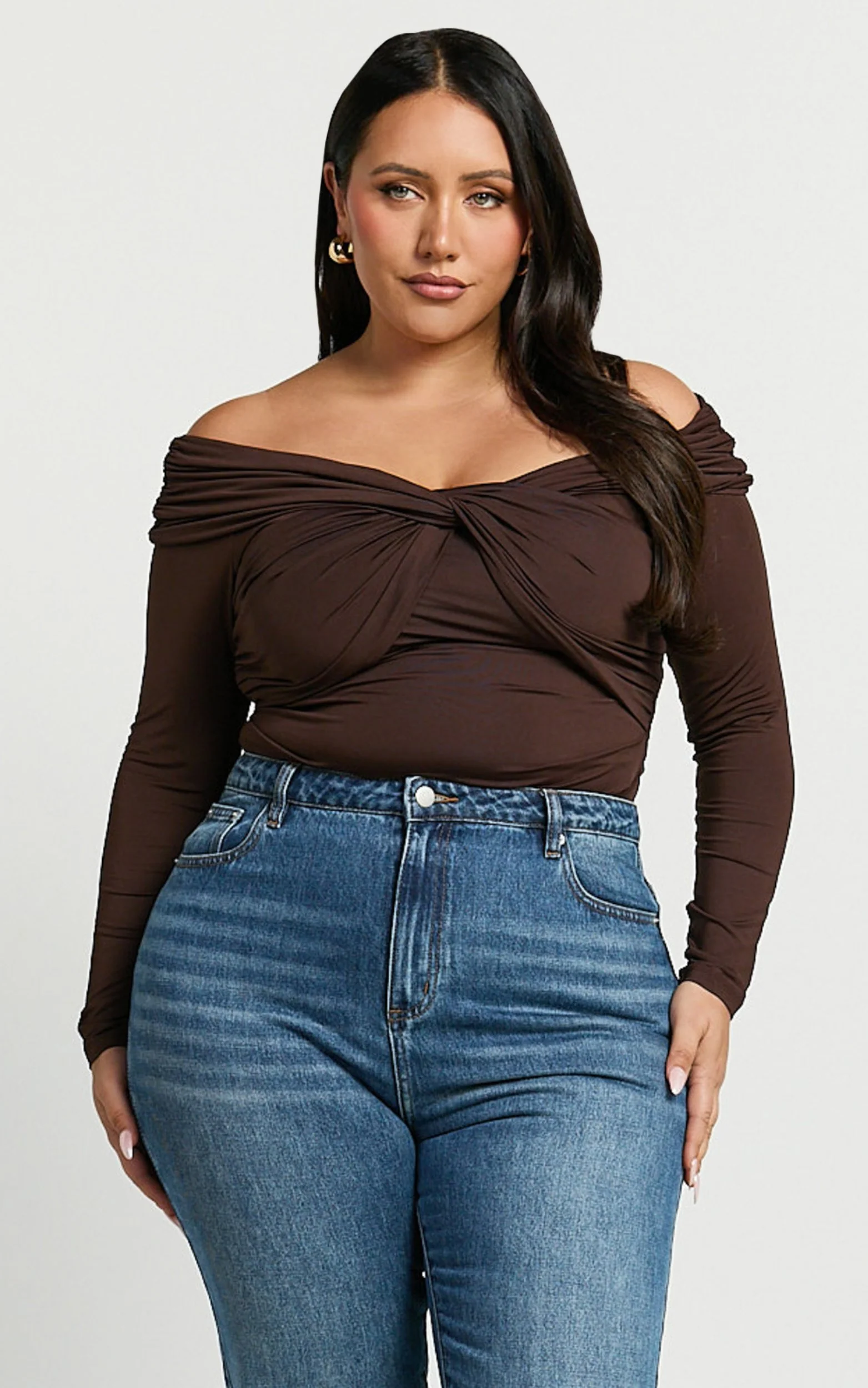 Shamaira Bodysuit - Twist Front Off Shoulder Long Sleeve in Brown