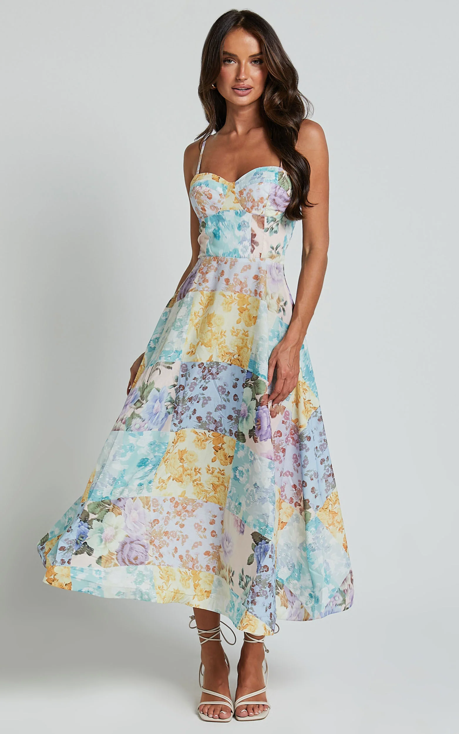 Robertson Midi Dress - Strappy Sweetheart Bustier Flare Dress in Vintage Floral