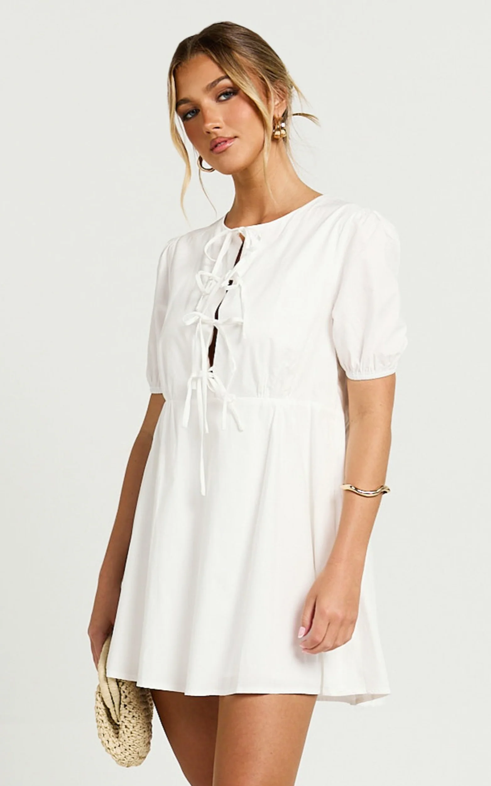 Hattie Mini Dress - Tie Front Puff Sleeve Dress in White