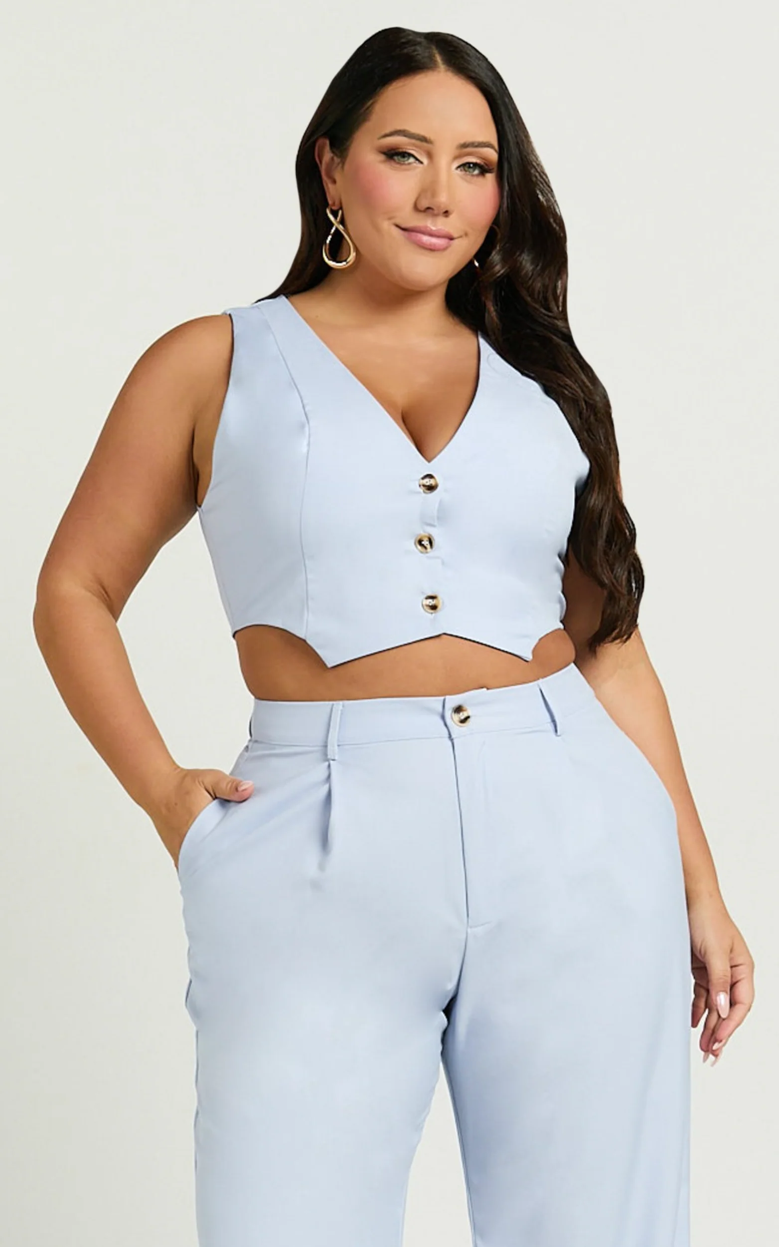 Izara Vest - V Neck Button Up Cropped Vest in Light Blue