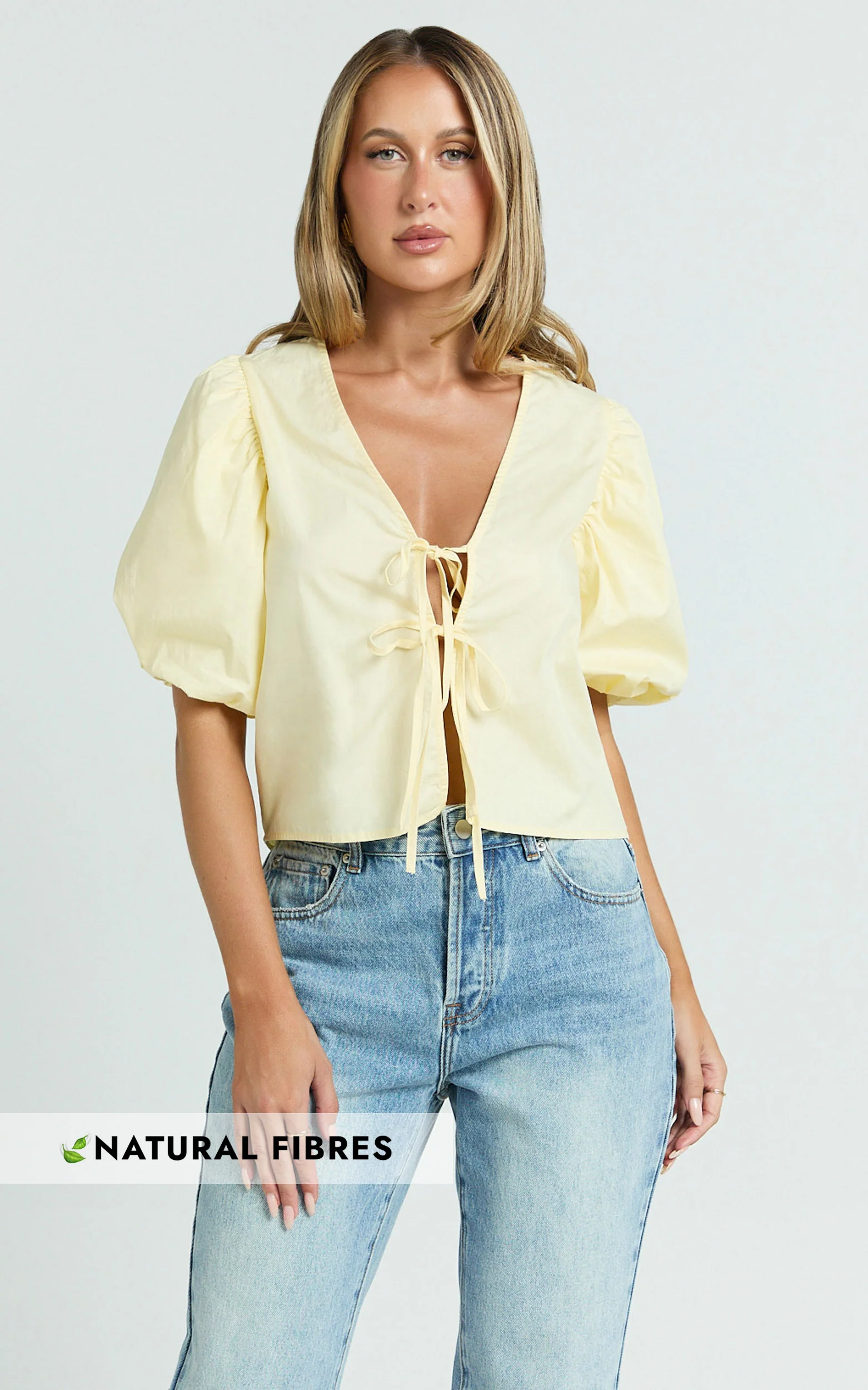 Dana Top - Bow Tie Front Puff Sleeve Blouse in Lemon