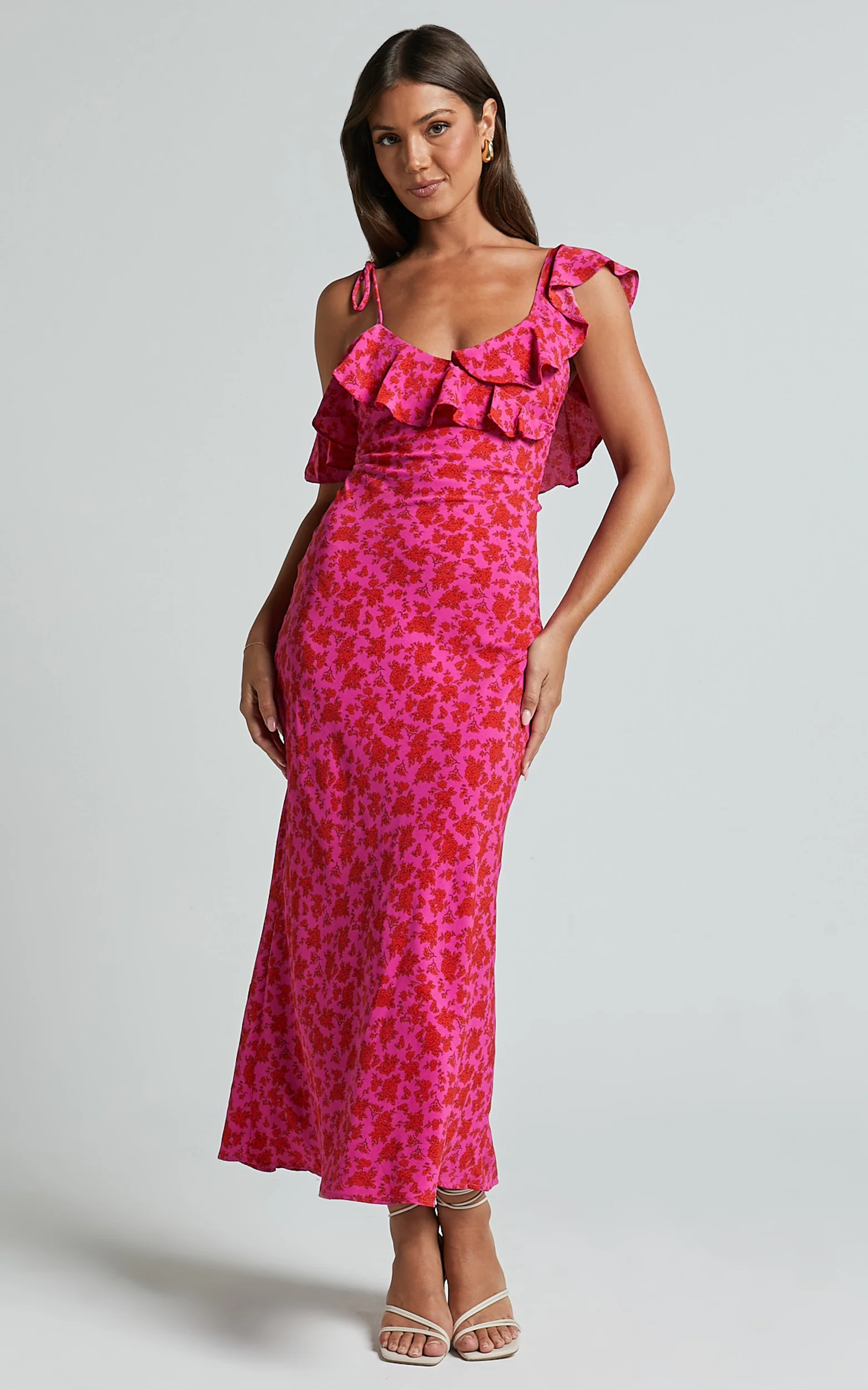 Giulia Midi Dress - One Shoulder Frill Detail Dress in Pink Floral