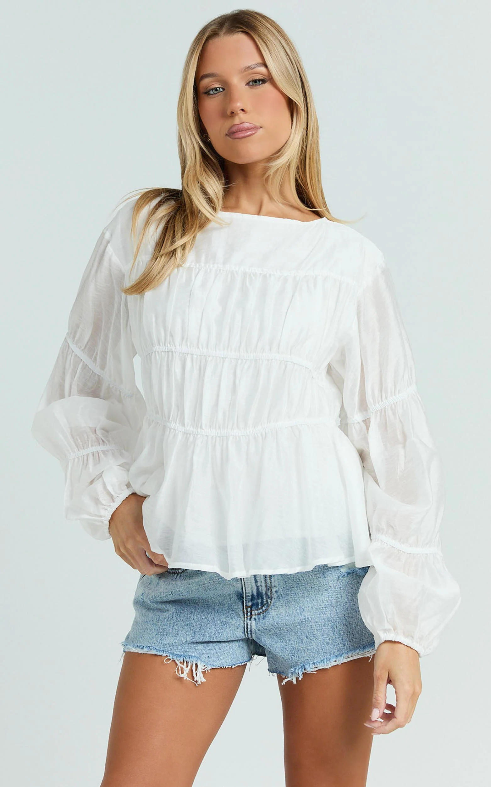 Malou Top - Shirred Long Sleeve Top in White