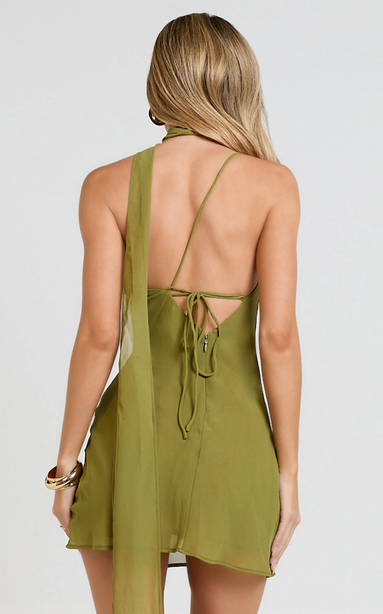 Yasmina Mini Dress - Scarf Tie Cowl Neck Bodycon Dress in Sage
