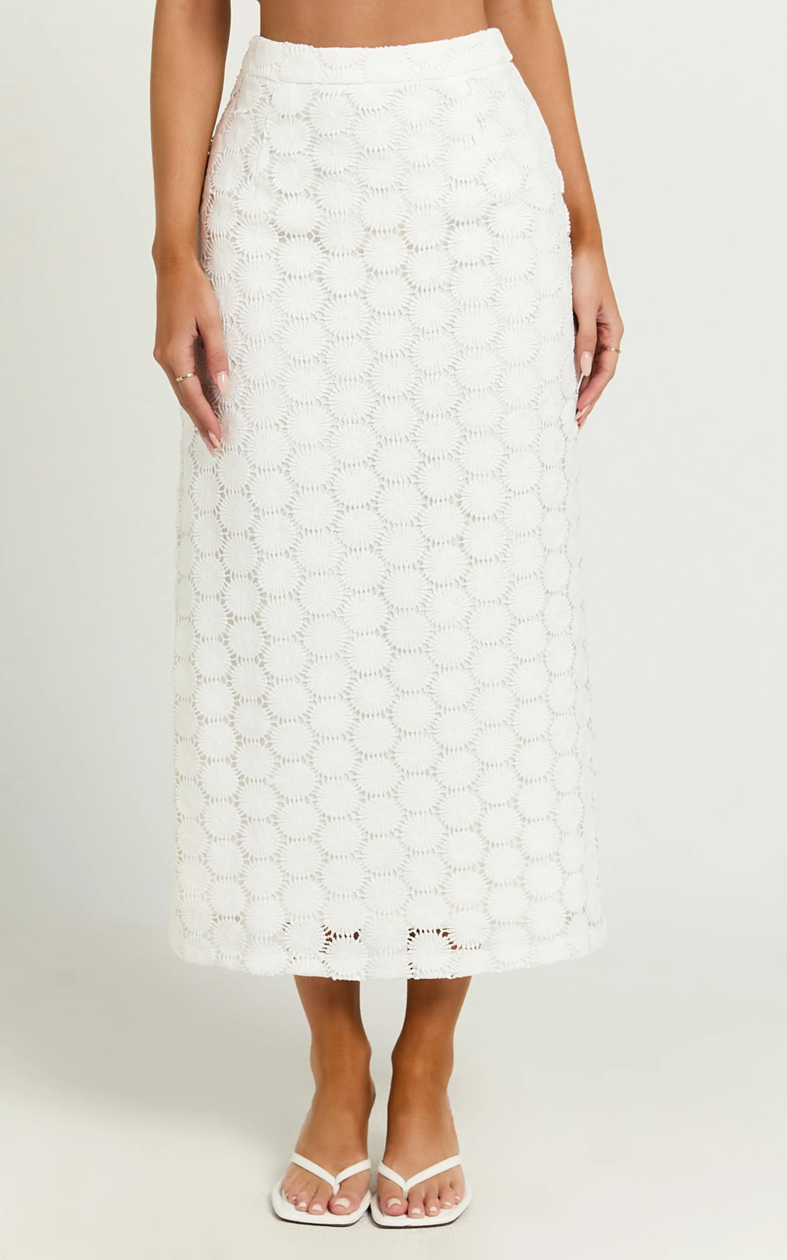 Wendy Midi Skirt - Broderie Lace High Waist Skirt in White
