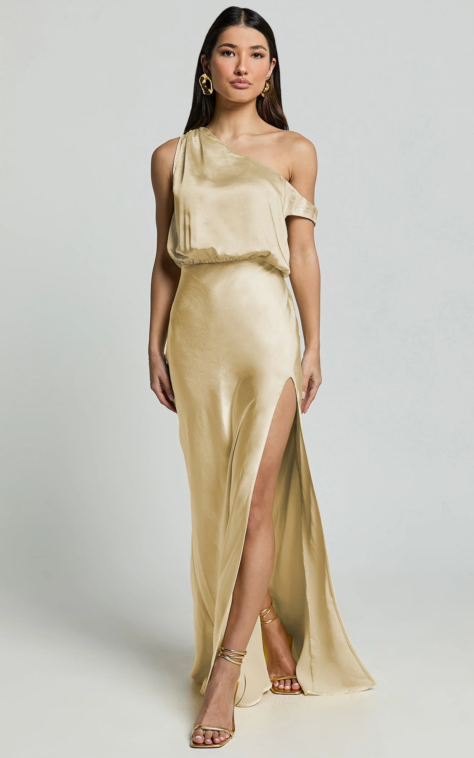 Jensen Midi Dress - Off Shoulder High Split Bias Slip Dress in Lemon