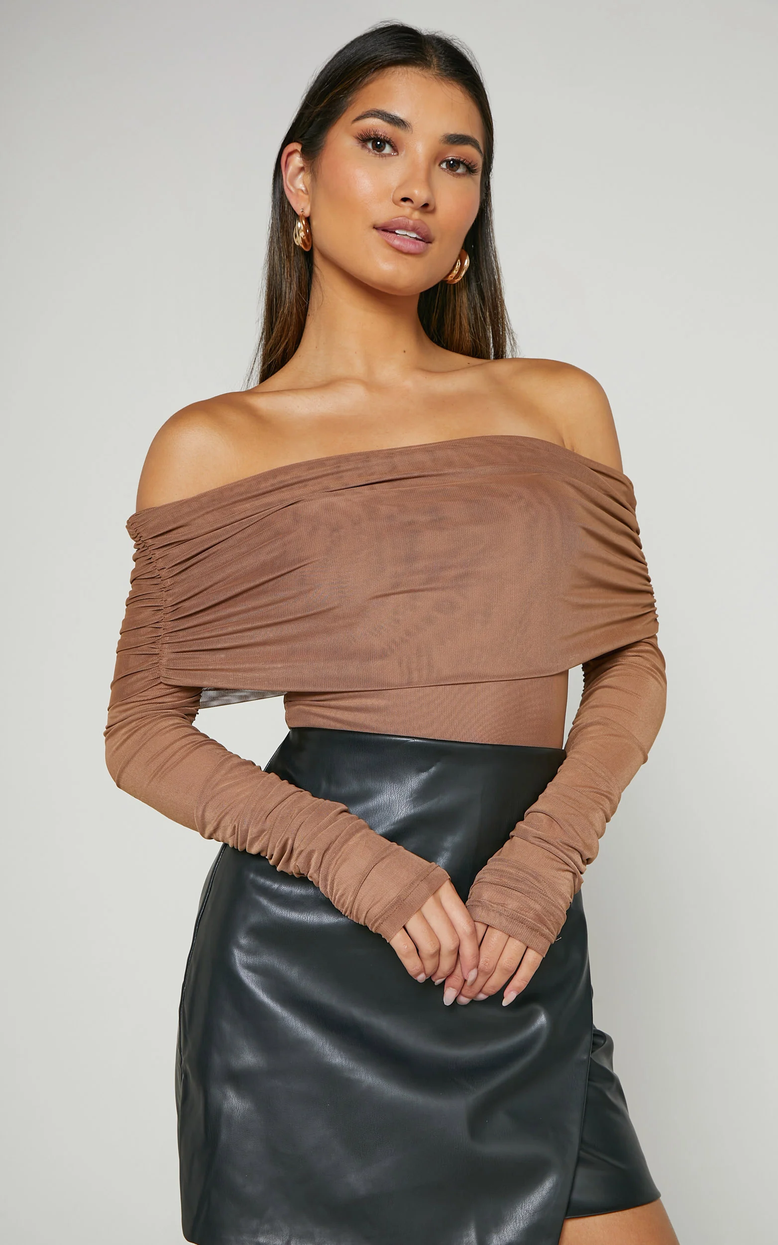 Jaythen Bodysuit - Long Sleeve Off Shoulder Ruched Mesh Bodysuit in Mocha