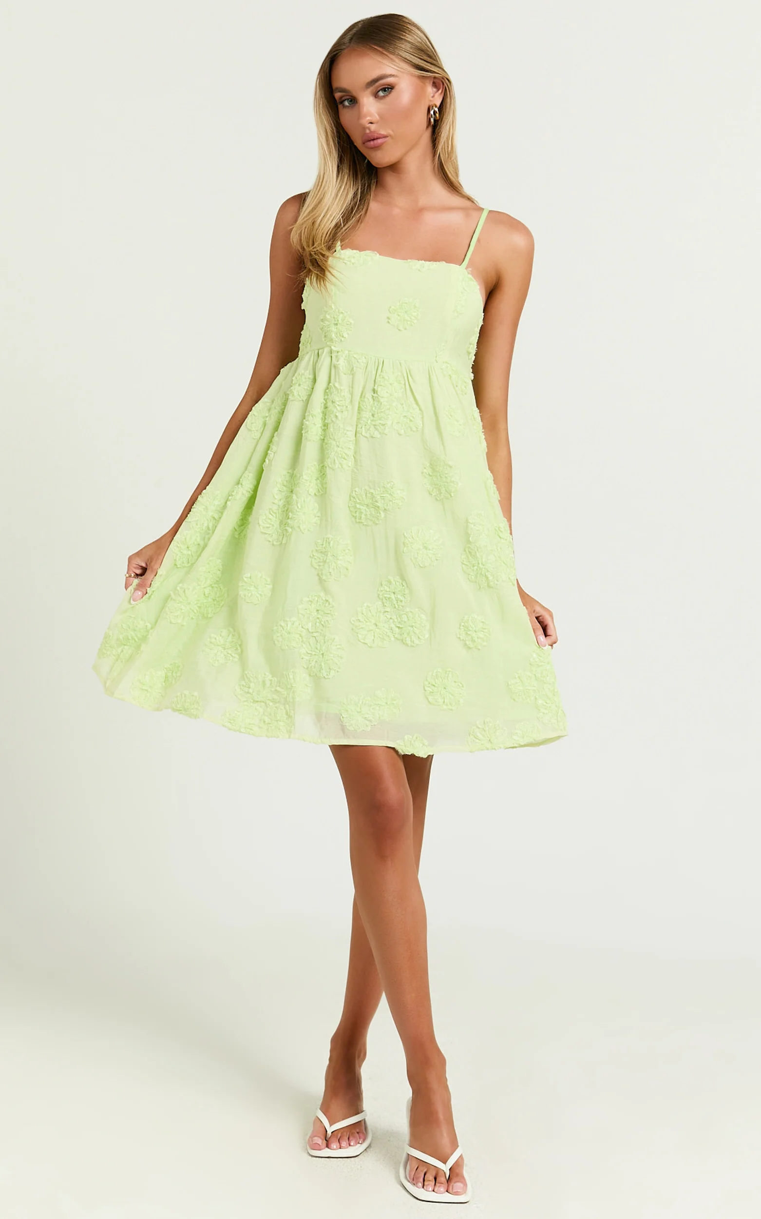 Claya Mini Dress - Sleeveless Straight Neckline Floral Detail Dress in Lime