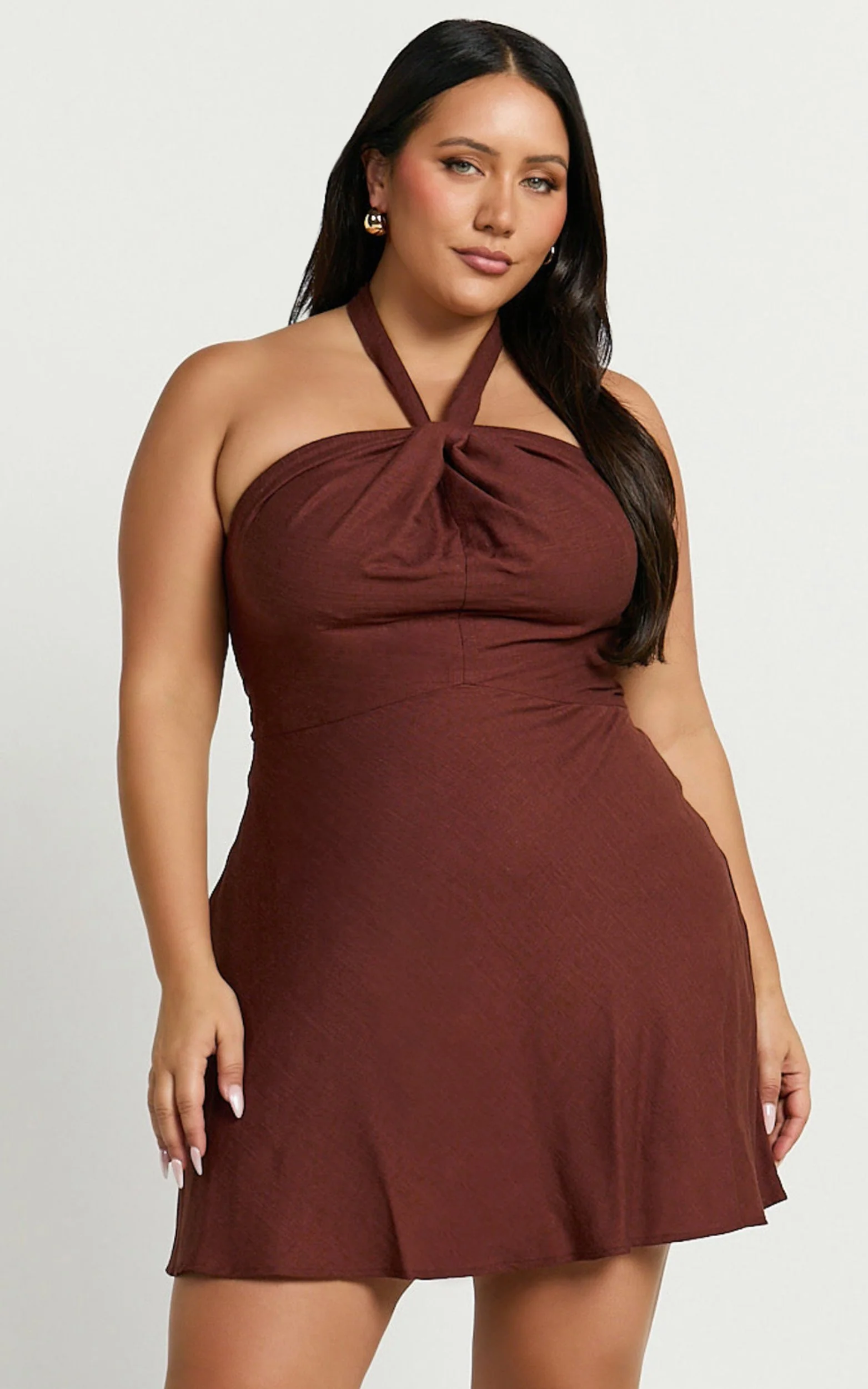 Louie Mini Dress - Linen Halter Neck Dress in Chocolate