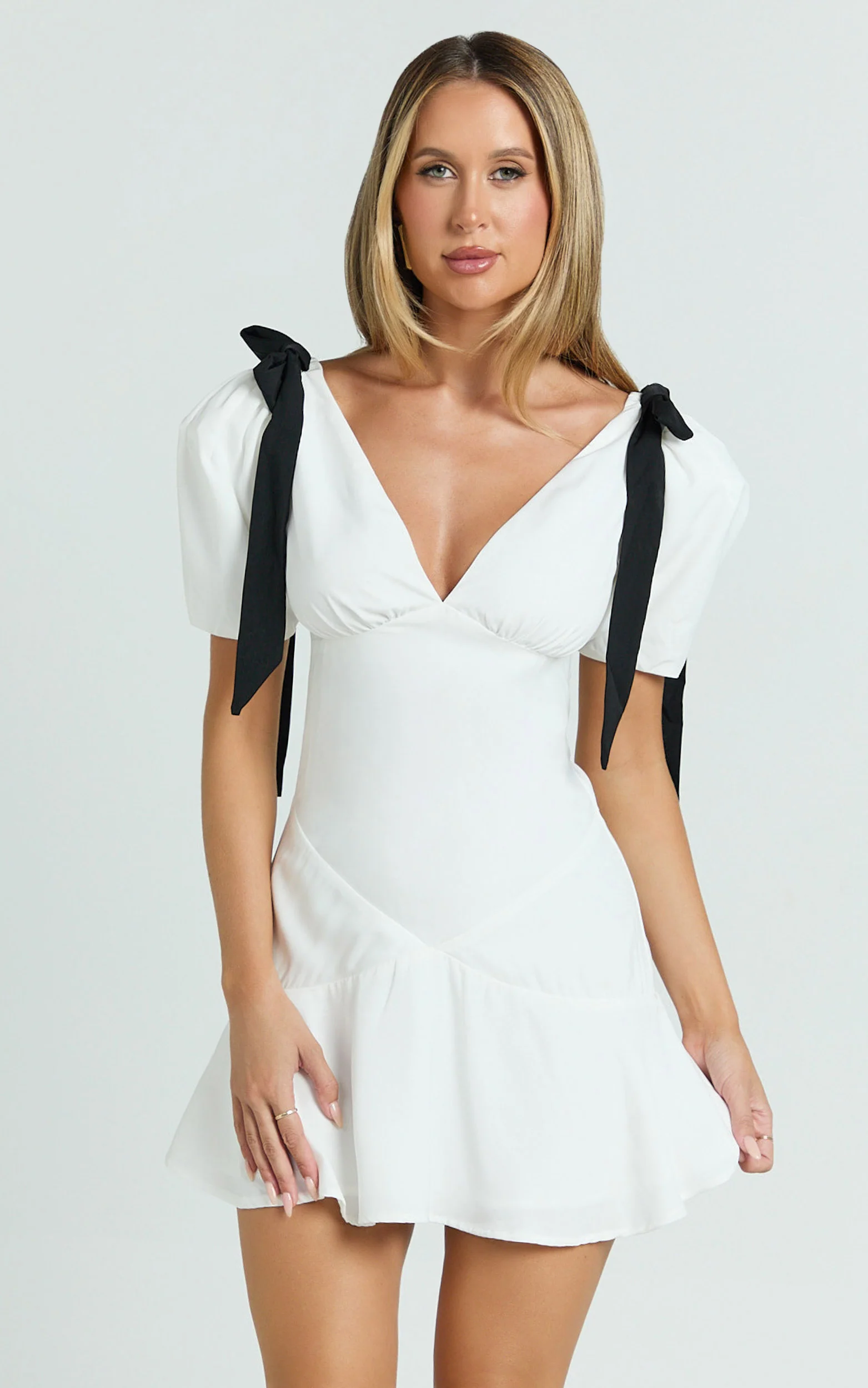 Venus Mini Dress - Contrast Tie Shoulder Short Sleeve Bias Cut Dress in Off White