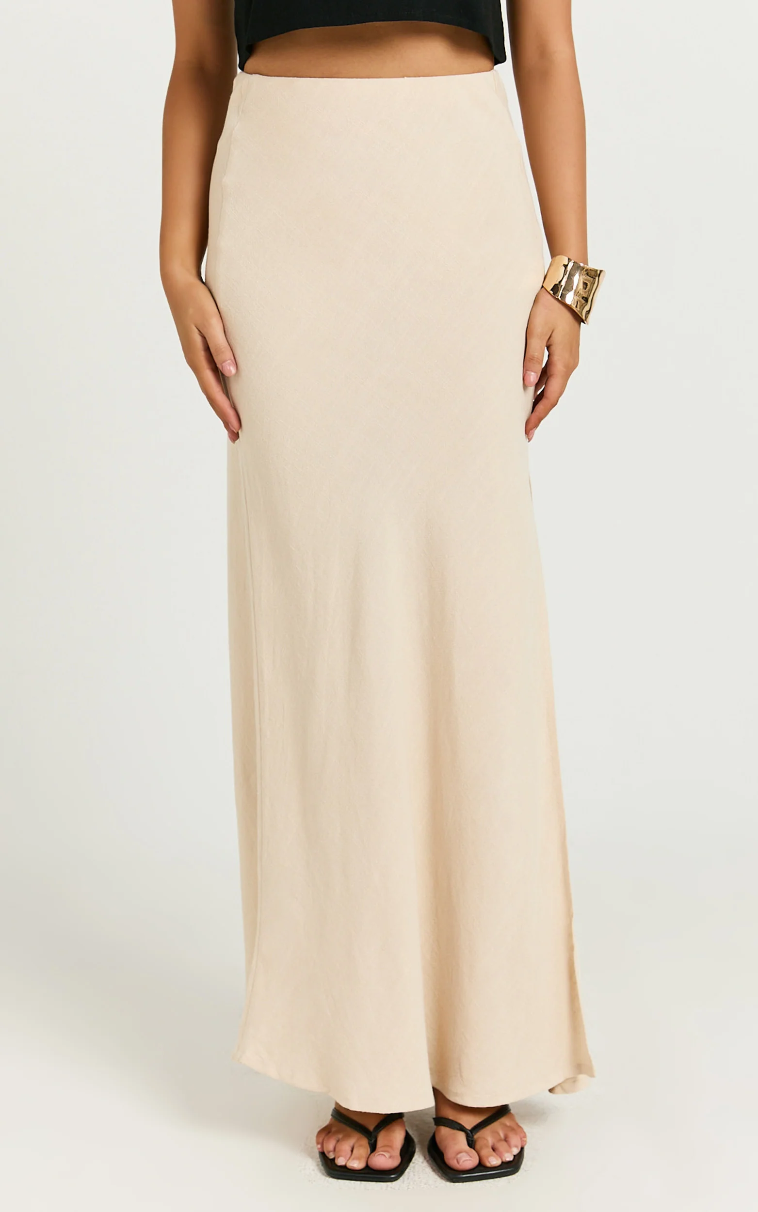 Olivia Maxi Skirt - Mid Waisted Linen Bias Cut Split Skirt in Natural