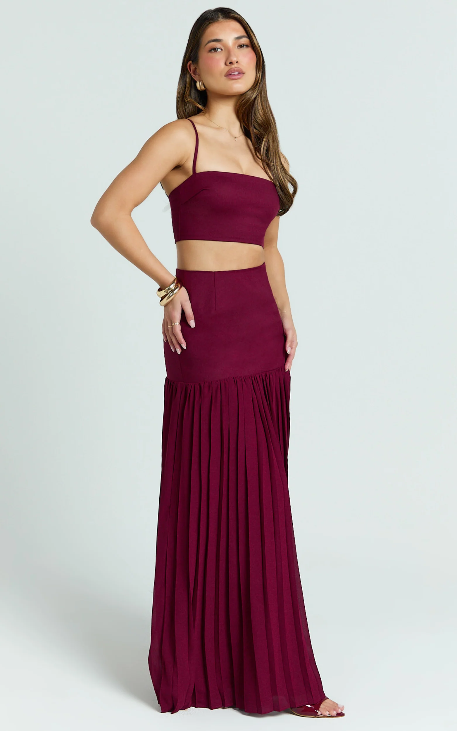 Rowan Two Piece Set - Square Neck Crop Top and High Waist Pleated Skirt Set in Wine