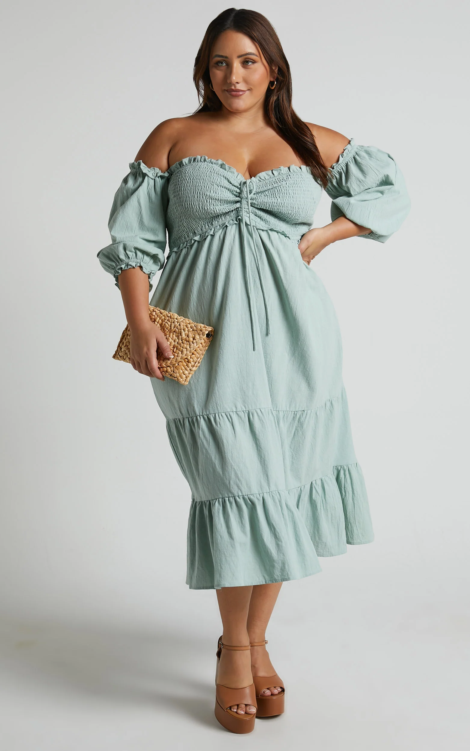 Nikka Midi Linen Blend Dress - Shirred Off Shoulder Puff Sleeve Dress in Sage