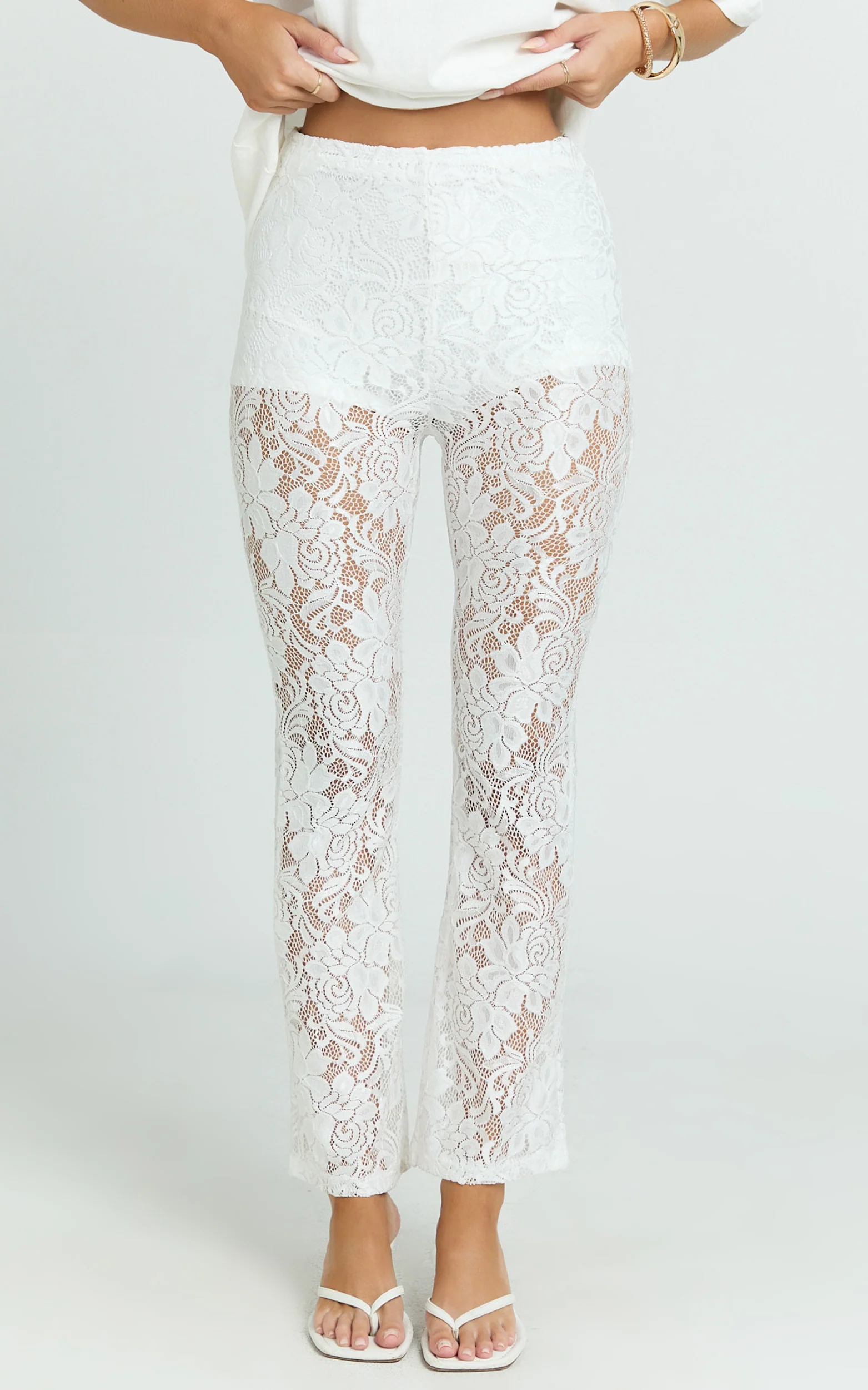 Jaclyn Pants - Mid Waist Lace Straight Leg Pants in White