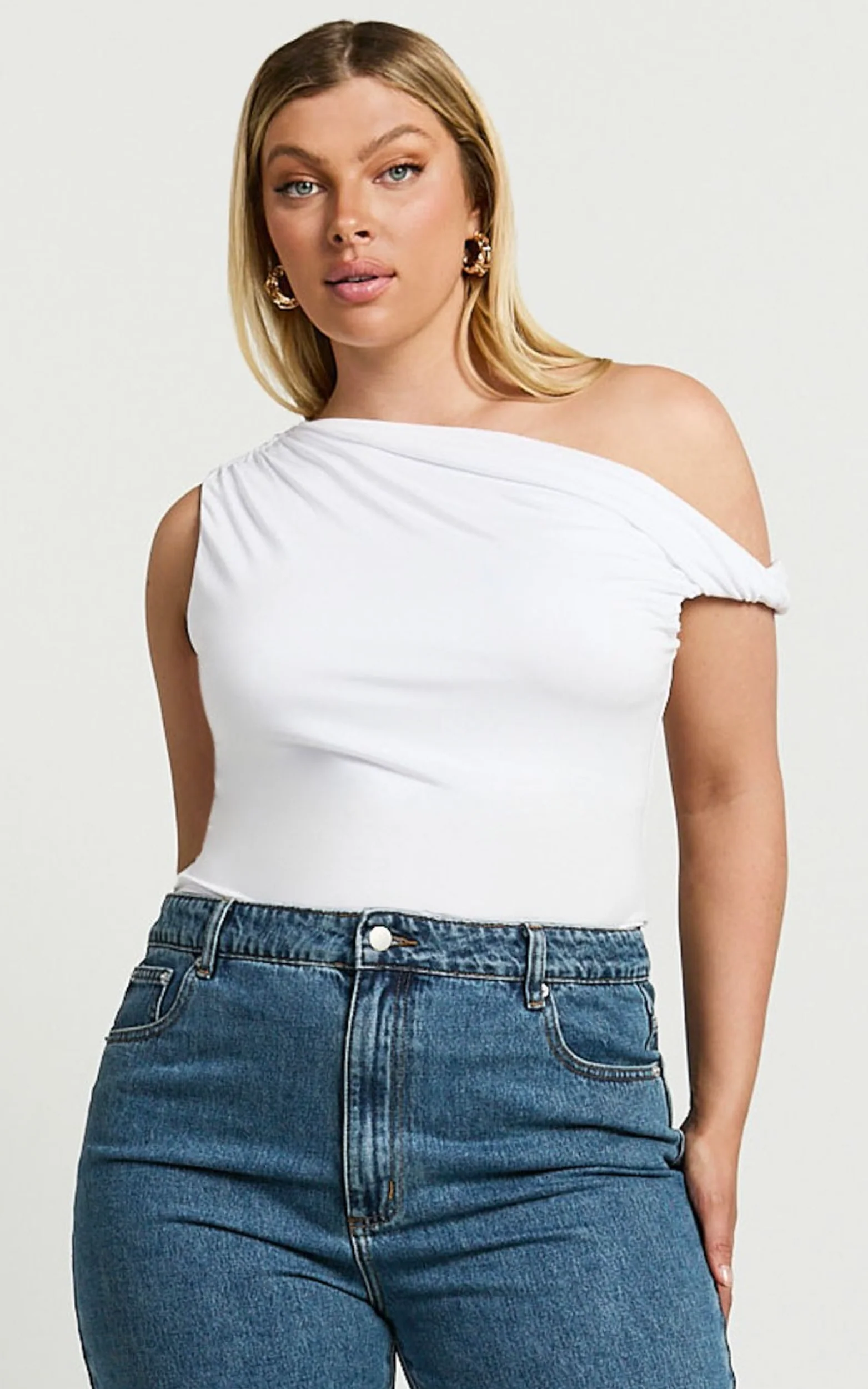 Jialeen Top - Off Shoulder Twist Asymmetrical Sleeve Top in White