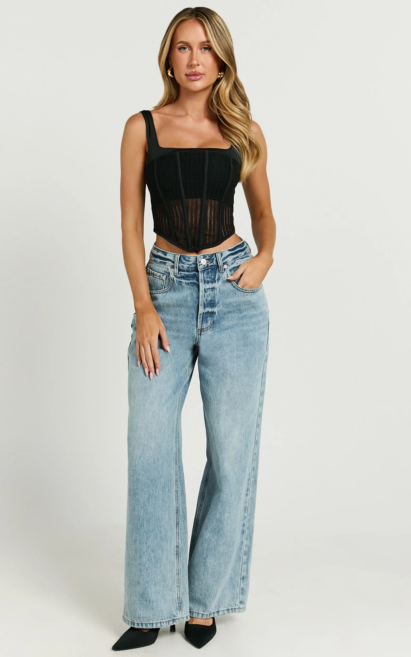 Portia Top - Crochet Corset Square Neck Crop Top in Black