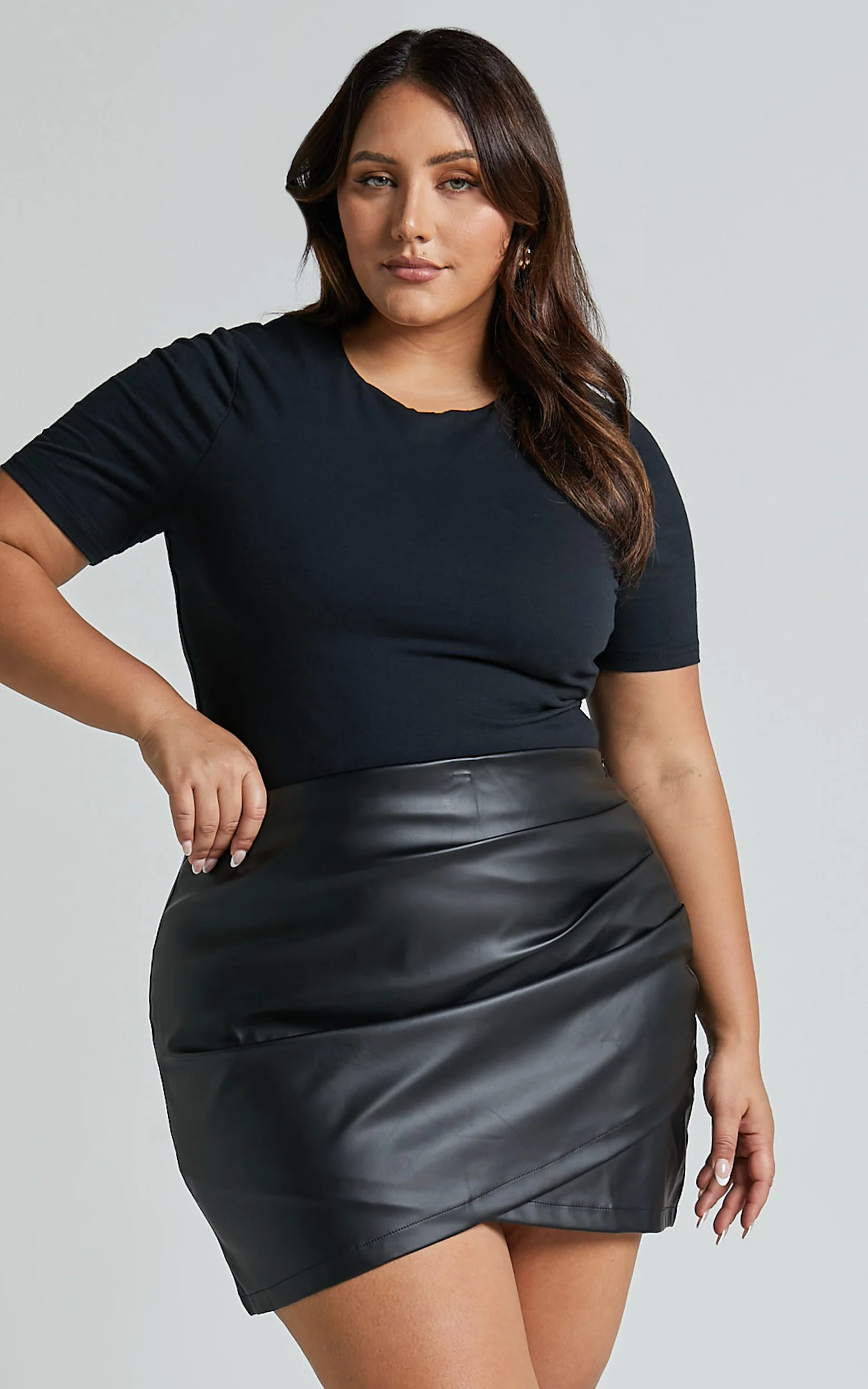 Ashlyn Mini Skirt - Faux Leather Overlap Skirt in Black