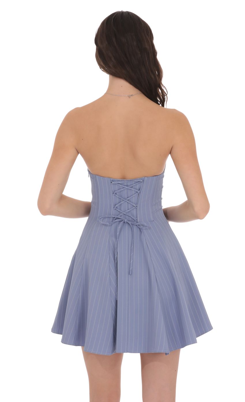 Pinstripe Corset Strapless Dress in Denim Blue