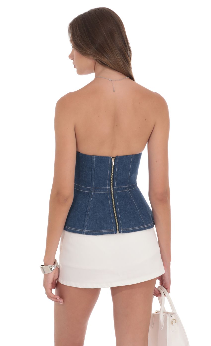 Strapless Peplum Denim Top in Blue