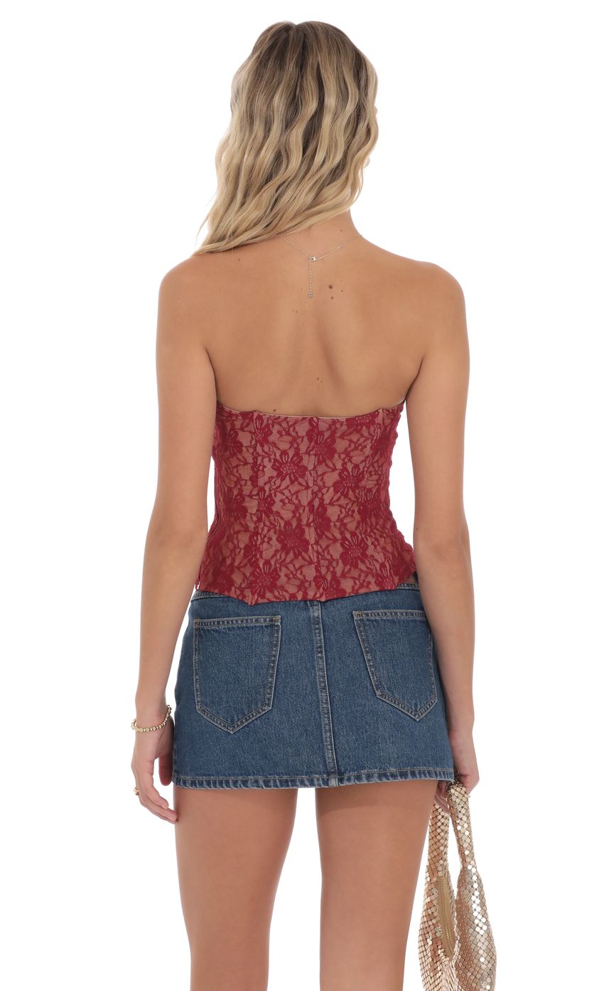 Strapless Lace Corset Top in Red and Tan