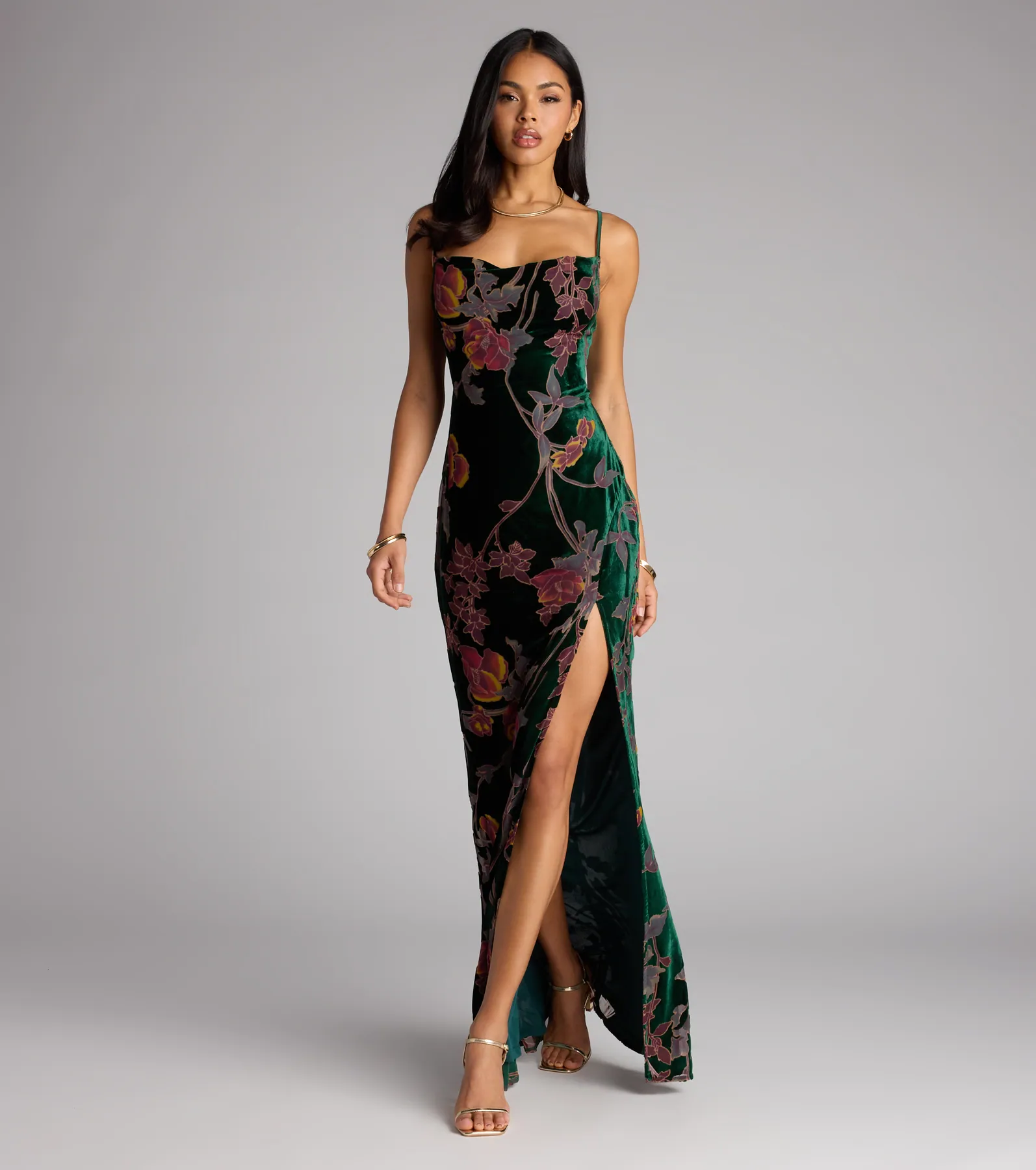 Melanie Floral Velvet Lace-Up Formal Dress