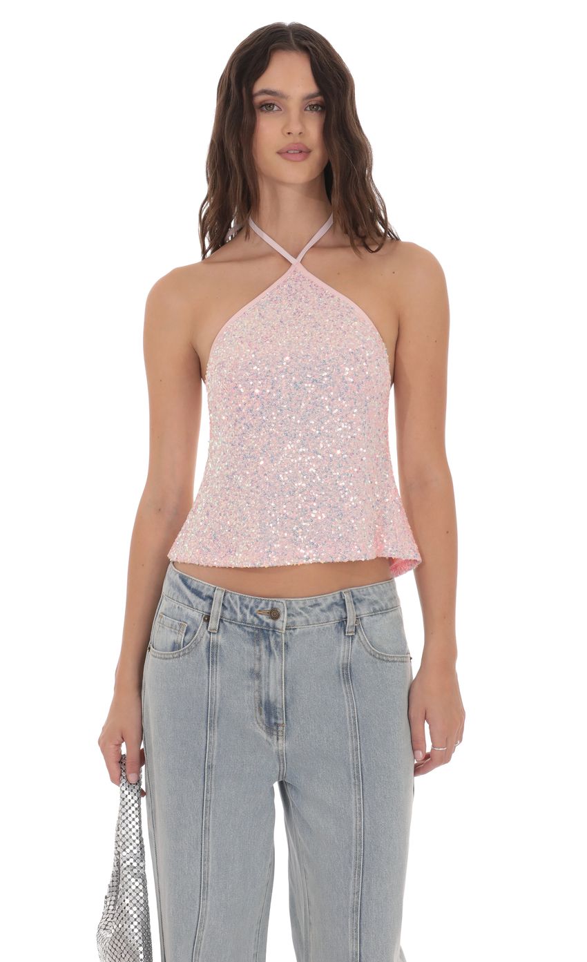 Sequin Halter Top in Pink