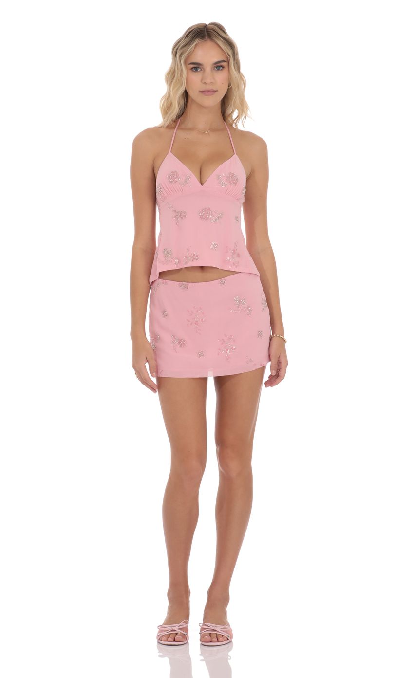 Sequin Beaded Floral Skirt in Pink