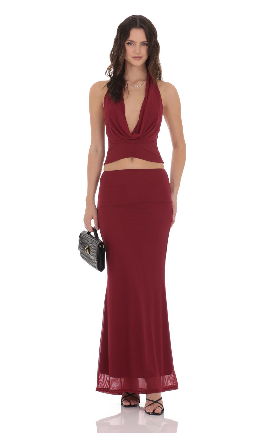 Mesh Plunge Neck Two Piece Set in Maroon
