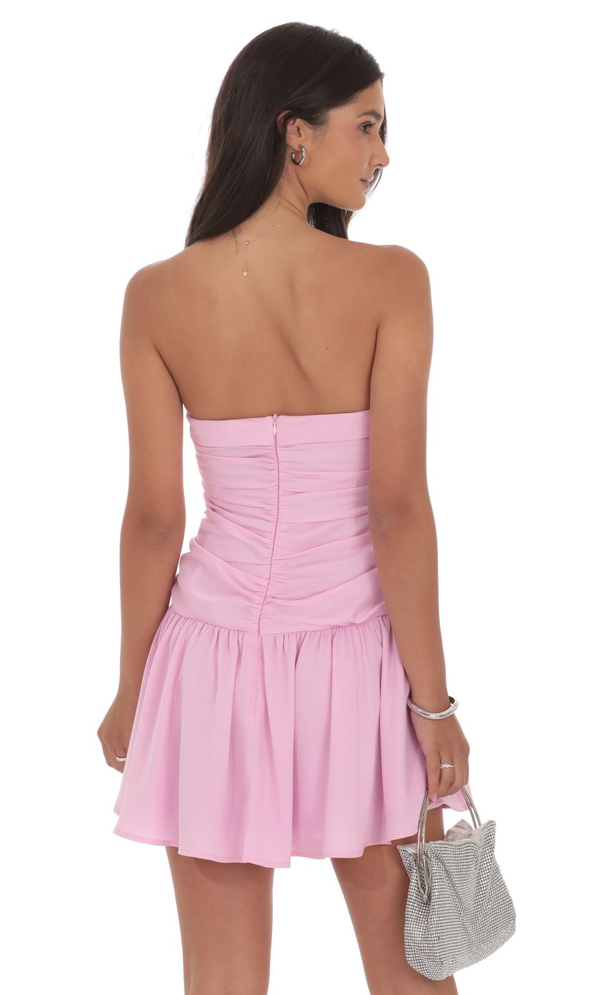 Matte Satin Strapless Ruched Flare Dress in Pink
