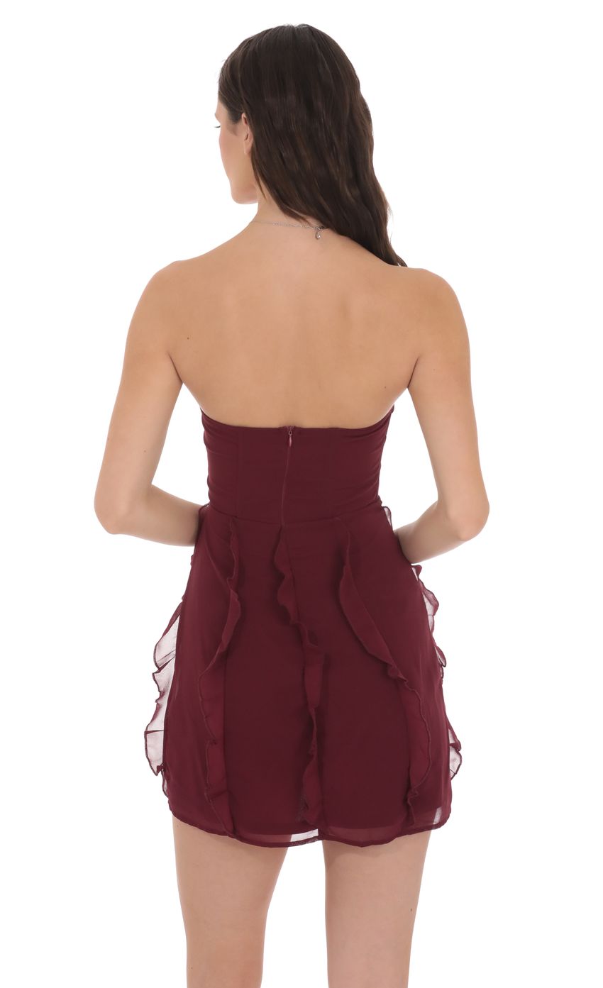 Chiffon Rosette Ruffle Dress in Burgundy