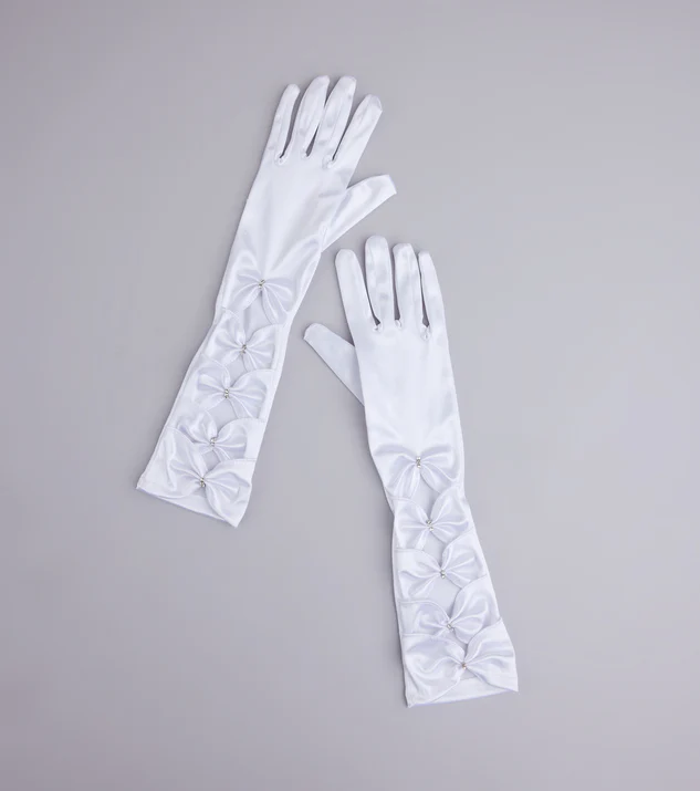 Vintage Charm Satin Rhinestone Bow Gloves