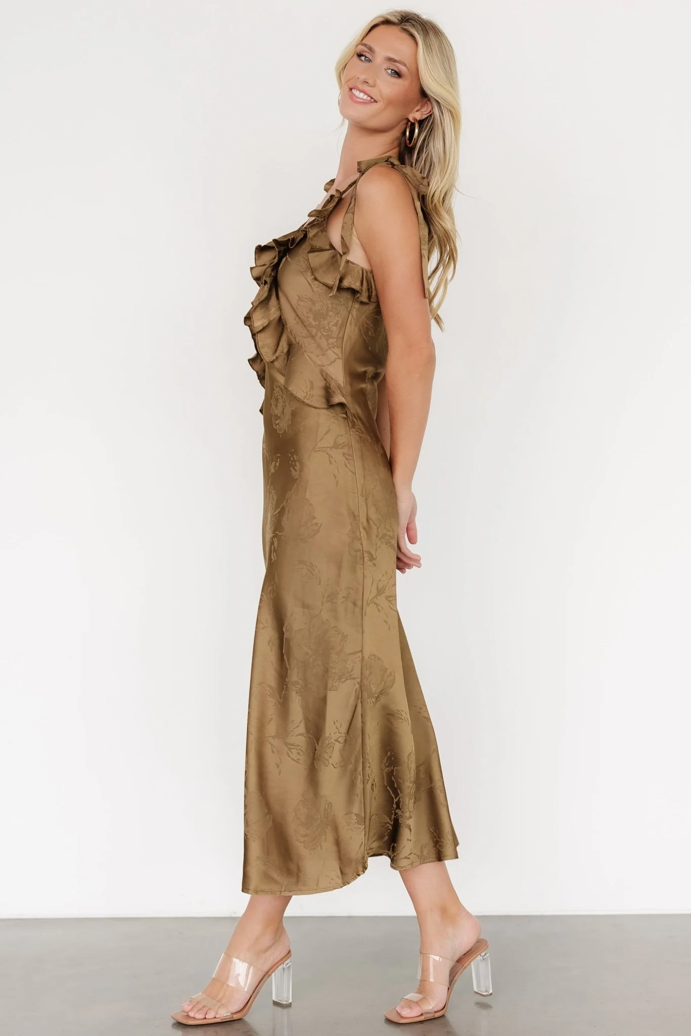 Gianni Satin Ruffle Dress | Olive