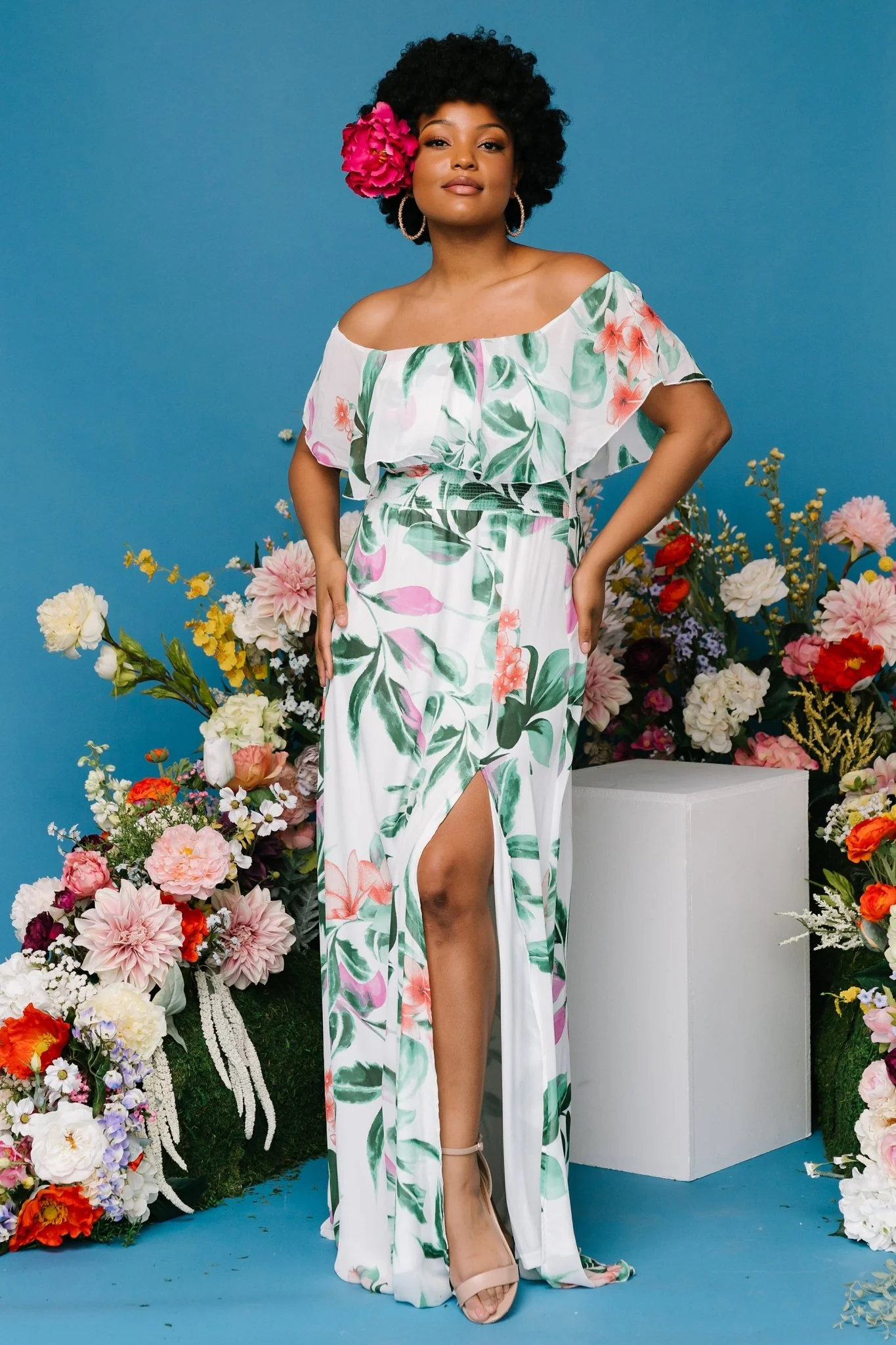 Daphne Off Shoulder Maxi Dress | White + Green Multi Floral