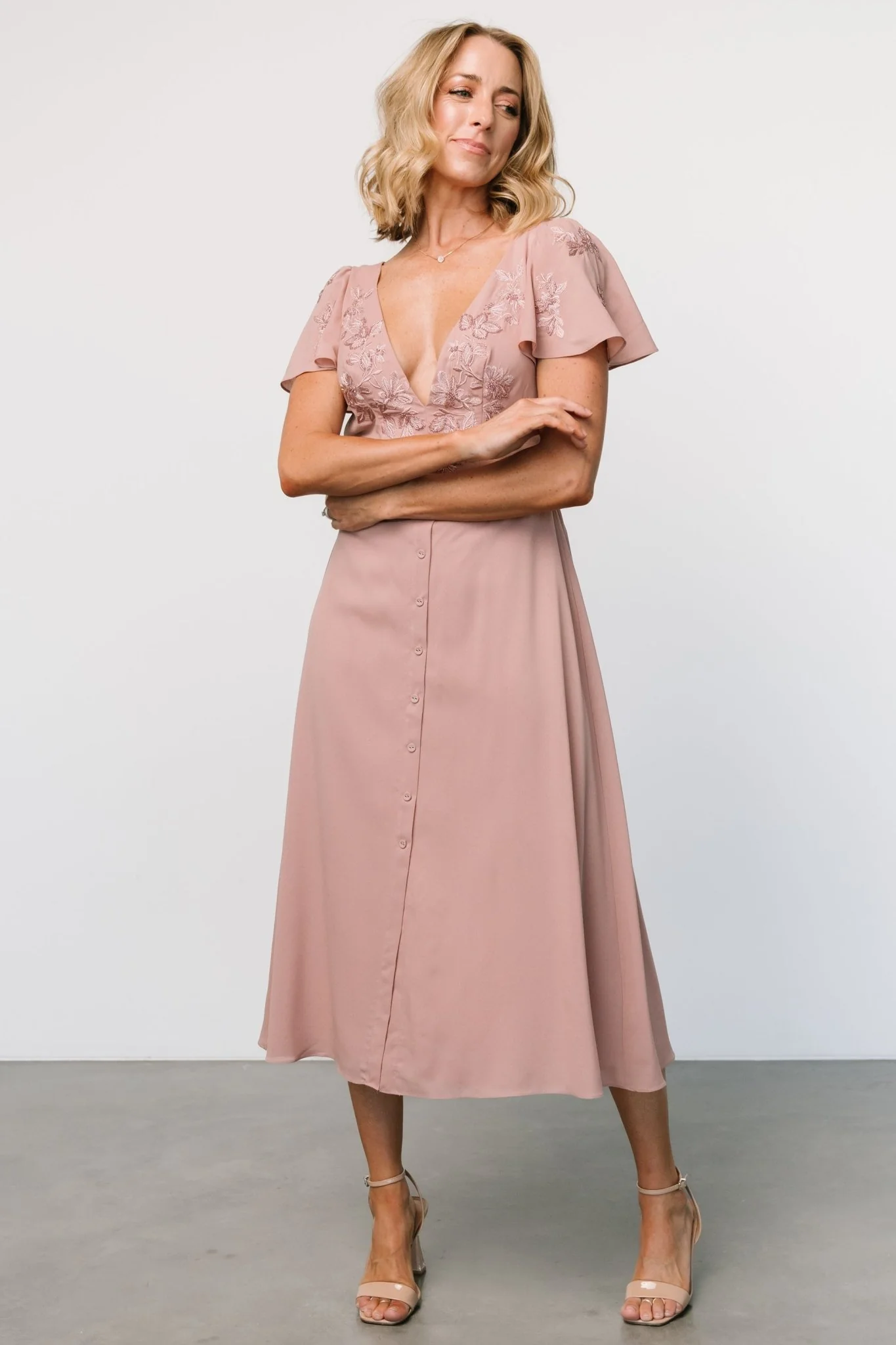 Swan Bead Embroidered Midi Dress | Dusty Rose